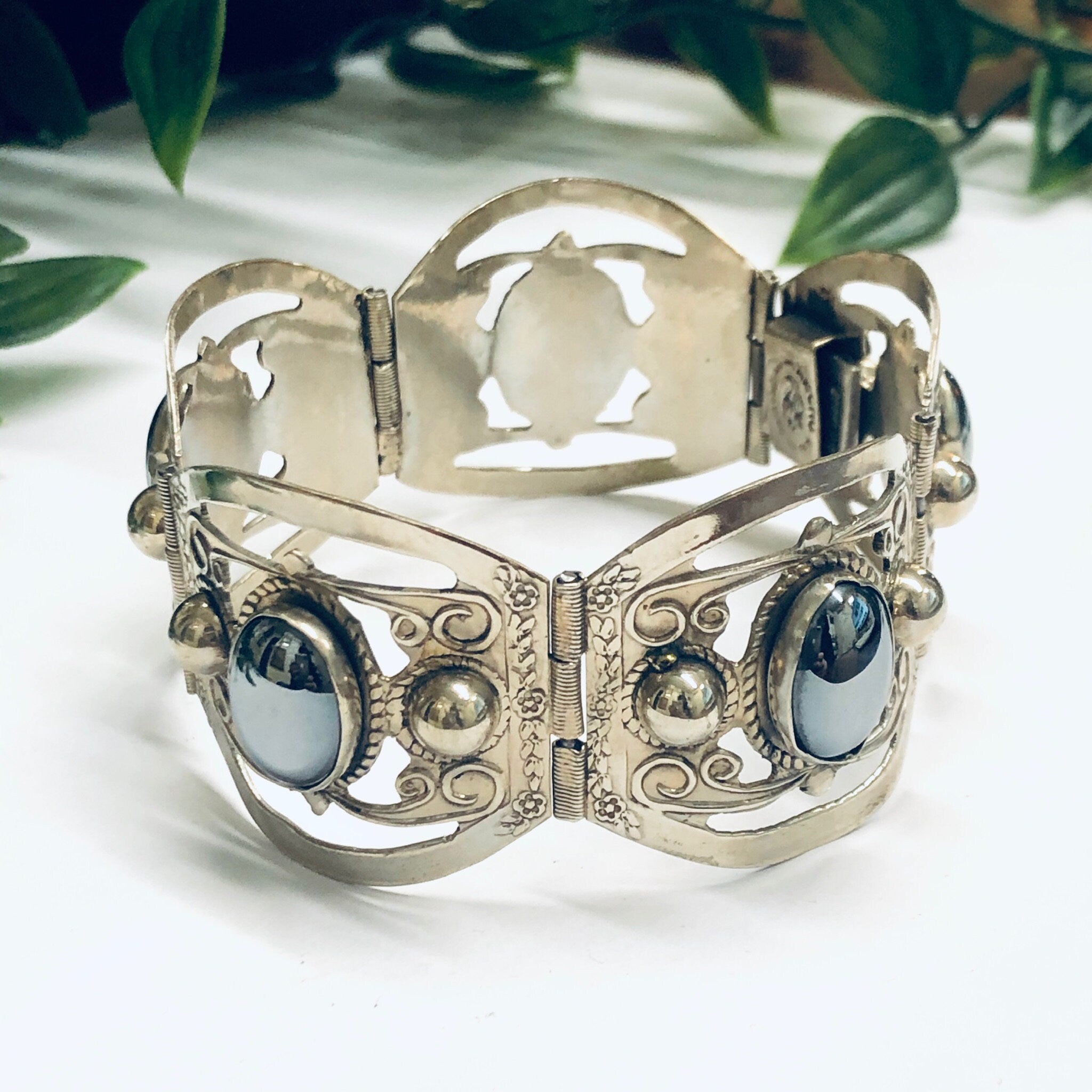 Vintage Hematite Bracelet, Vintage Silver Bracelet, Ornate Bracelet, Large Link Bracelet, Floral Design Jewelry
