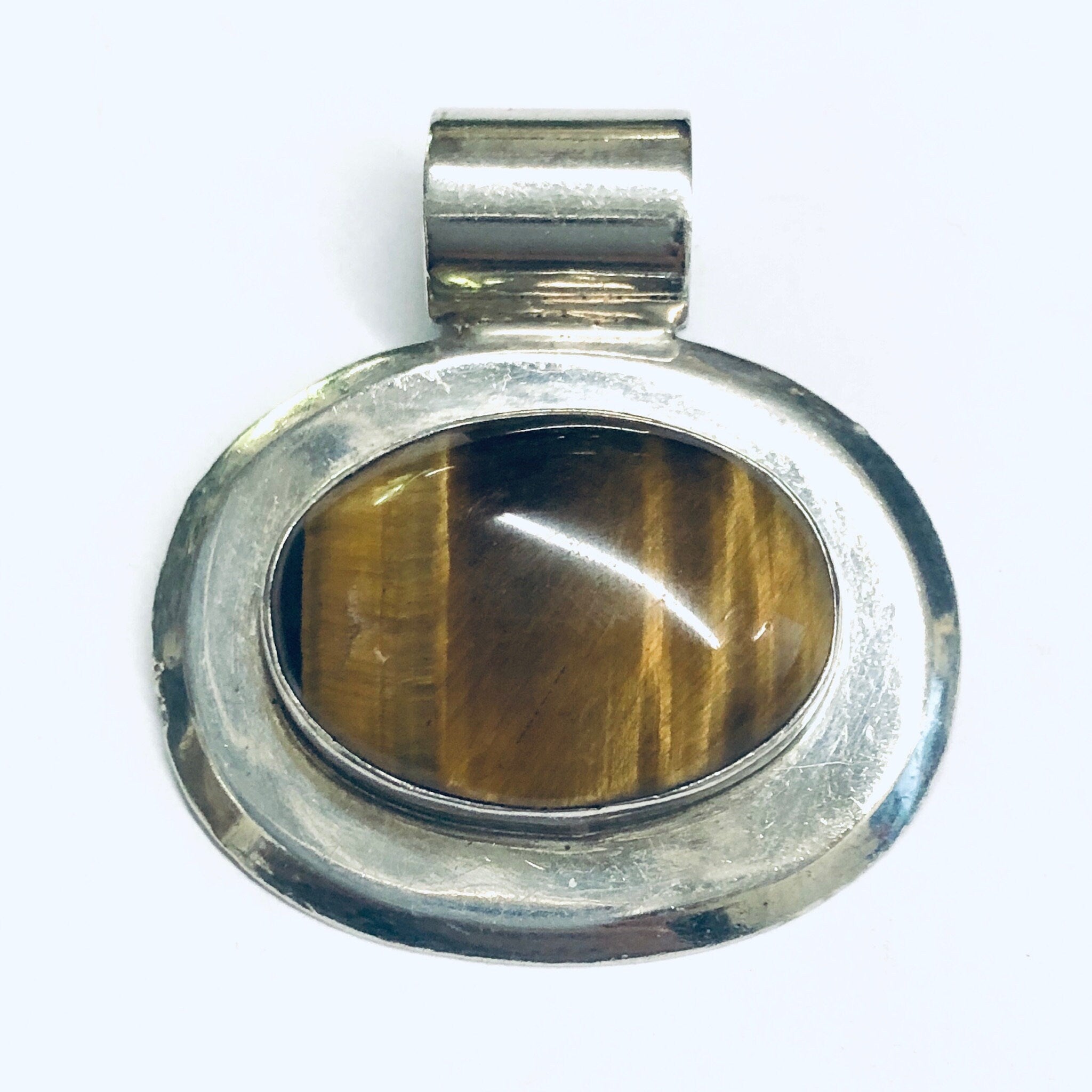 Tigers Eye Pendant, Vintage Silver Pendant, Tigers Eye Jewelry, Vintage Necklace Charm, Oval Shape Pendant
