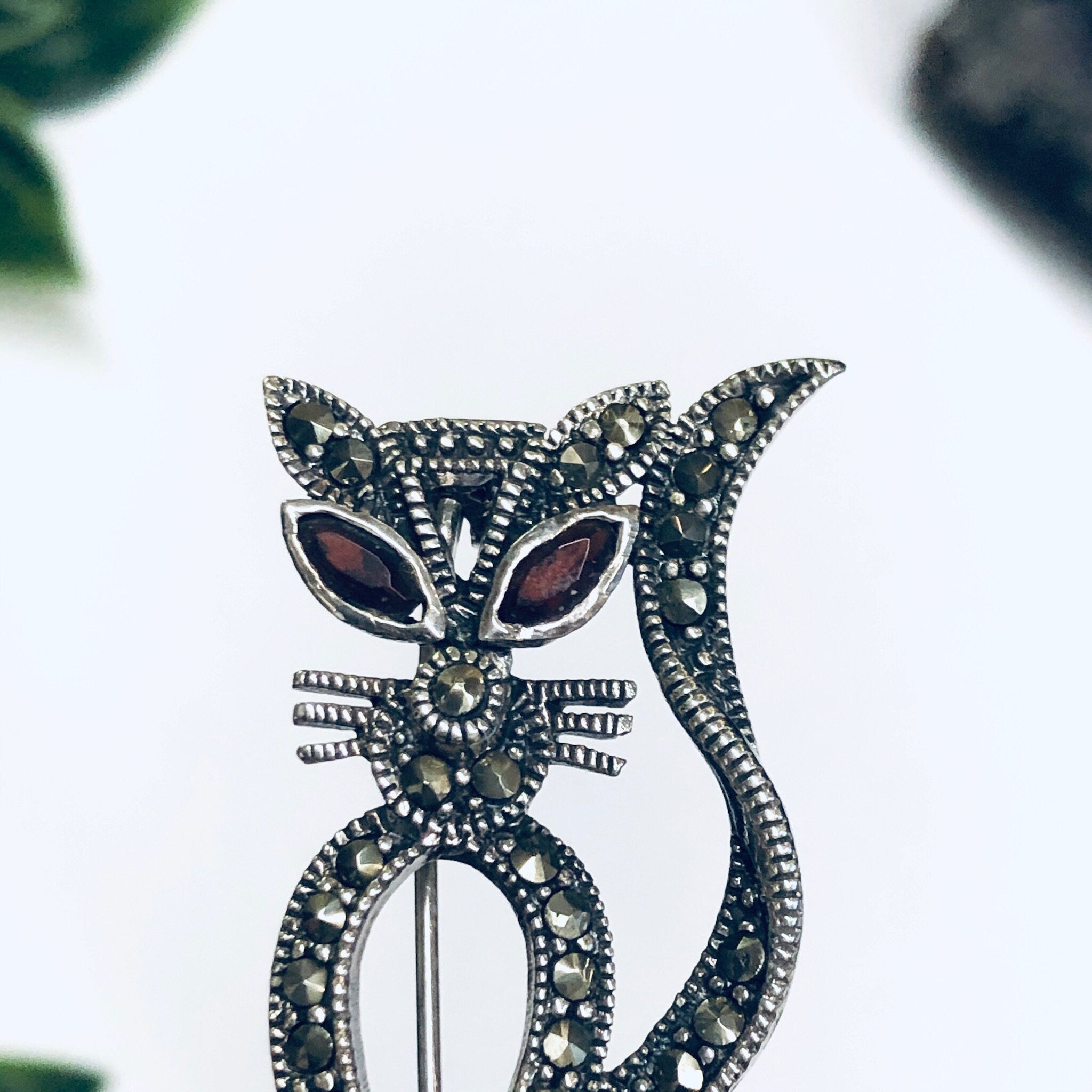 Marcasite Cat Pin, Silver Cat Brooch, Gift for Cat Lover, Kitty Cat Brooch, Silver Pin, Red Eye Cat