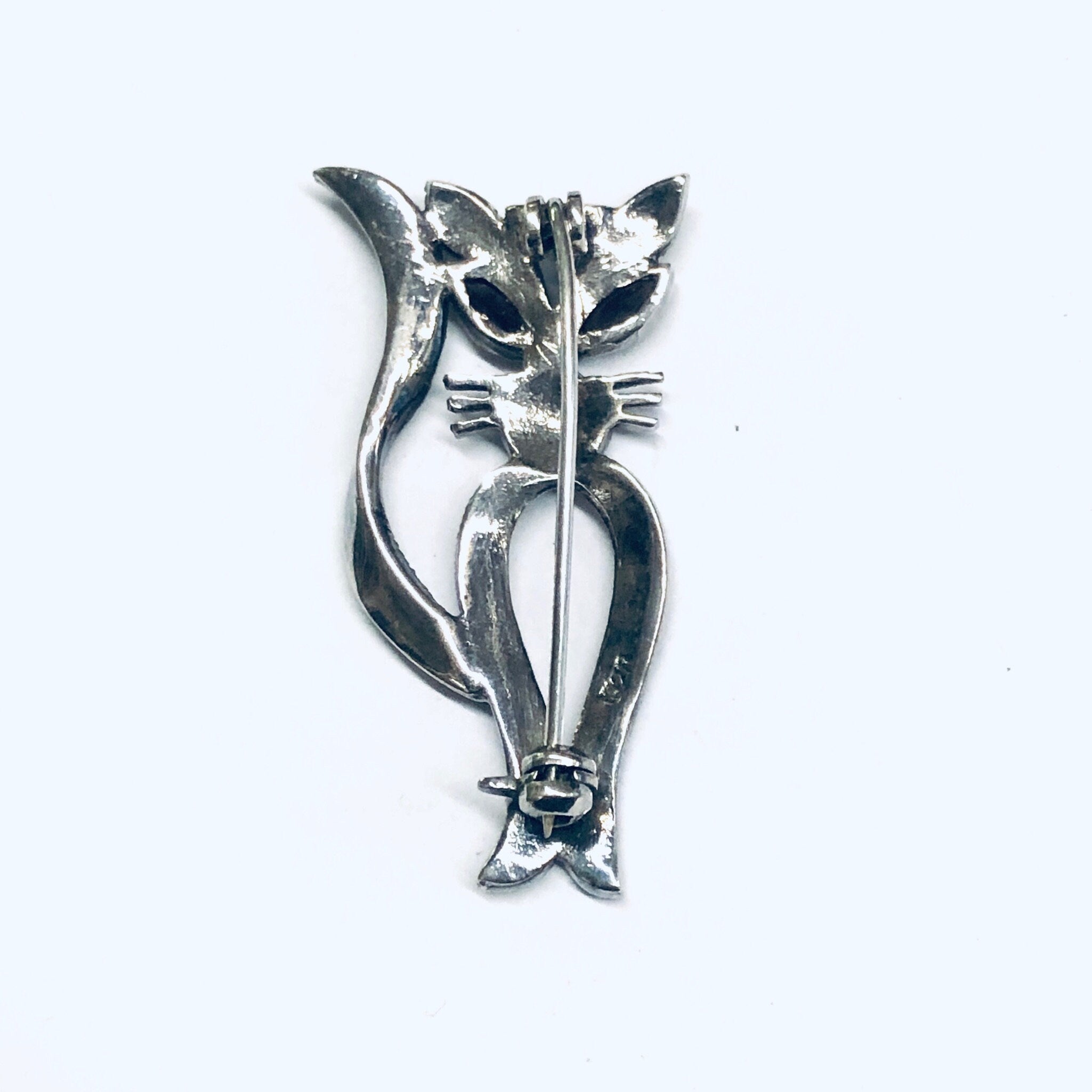 Marcasite Cat Pin, Silver Cat Brooch, Gift for Cat Lover, Kitty Cat Brooch, Silver Pin, Red Eye Cat