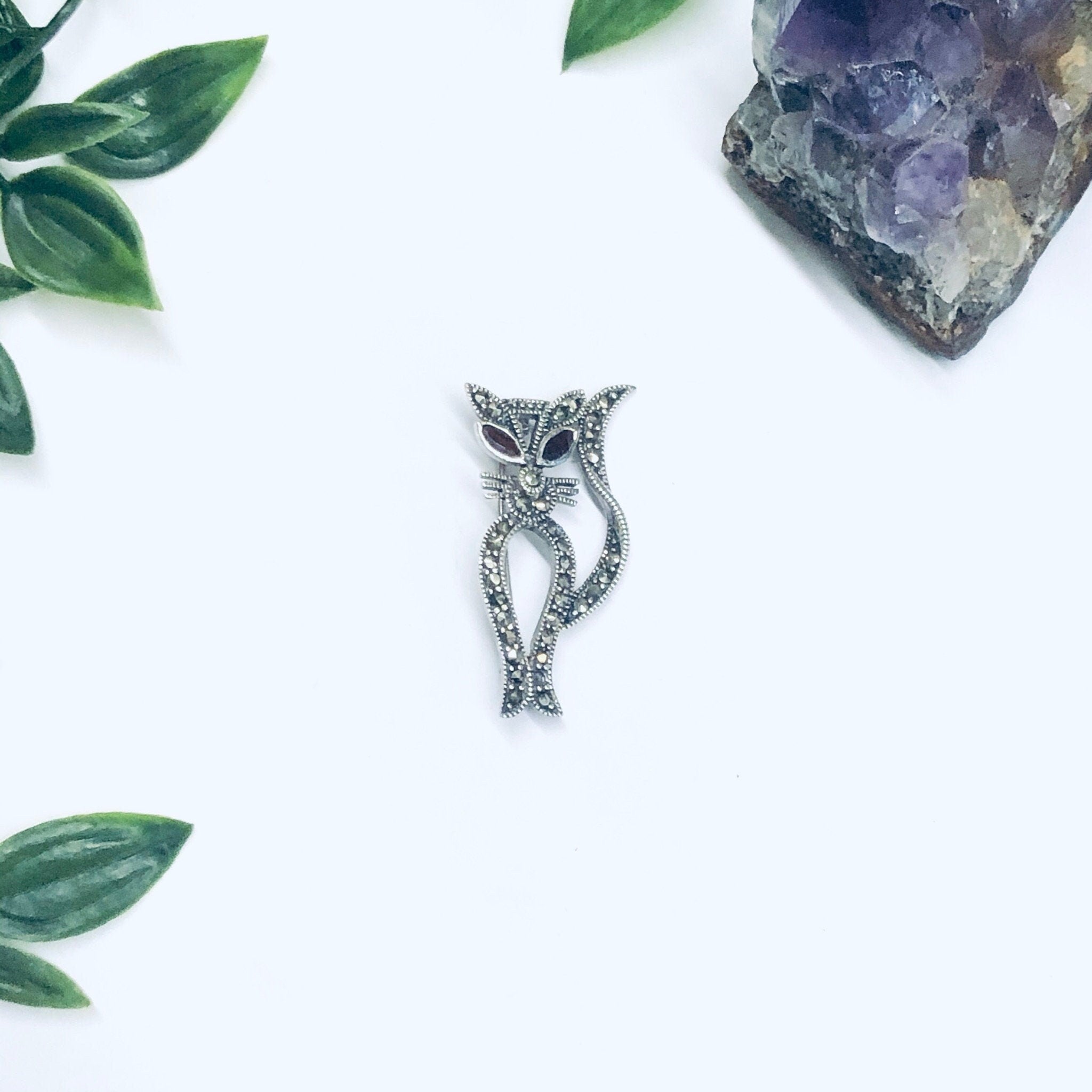 Marcasite Cat Pin, Silver Cat Brooch, Gift for Cat Lover, Kitty Cat Brooch, Silver Pin, Red Eye Cat