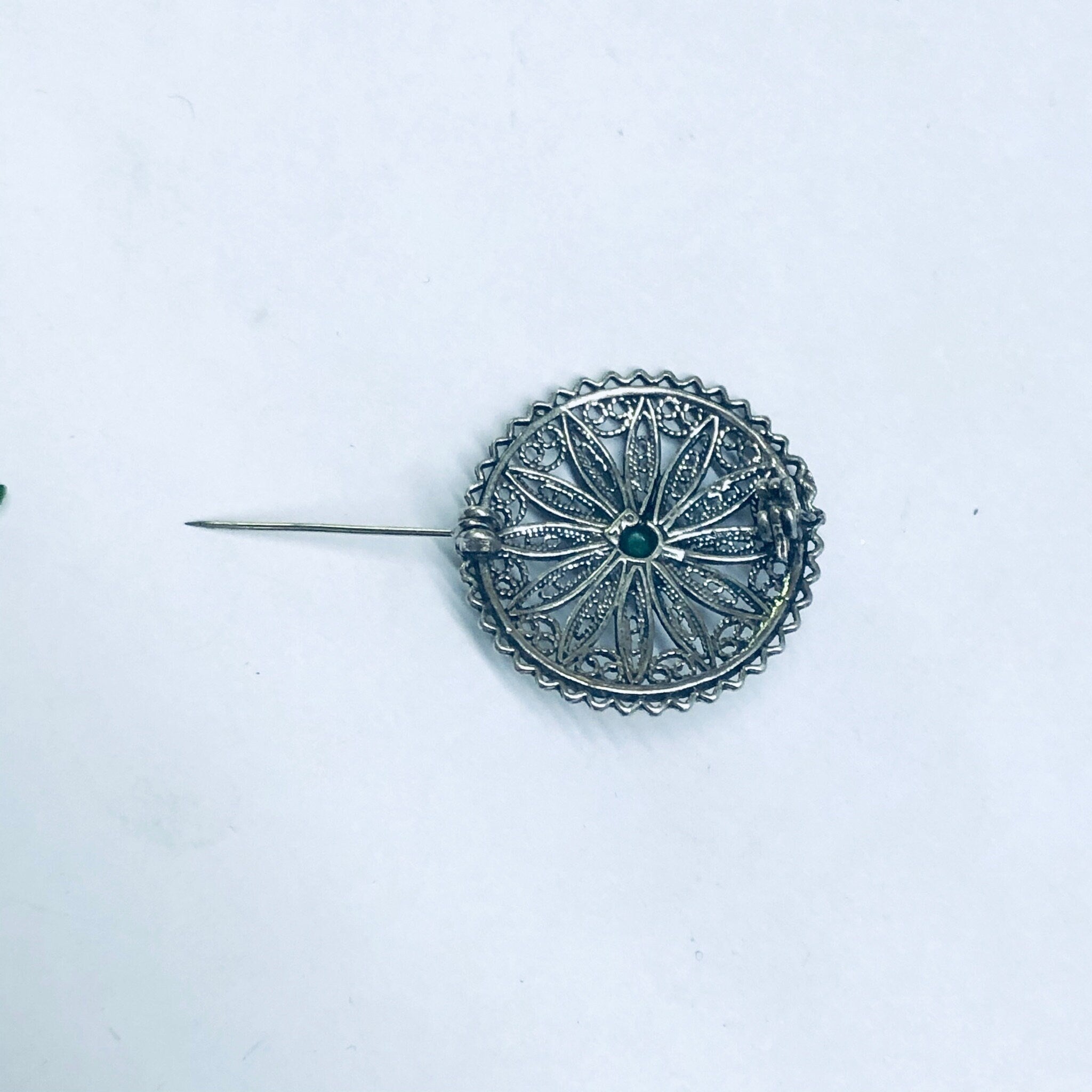 Vintage Round Brooch, Green Stone Brooch, Vintage Silver Jewelry, Cut Out Brooch, Small Round Pin, Vintage Pin