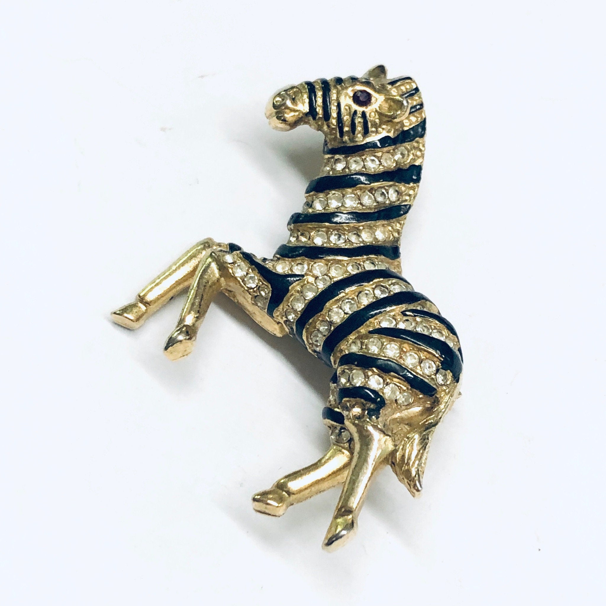 Vintage Zebra Brooch, Rhinestone Zebra Pin, Gold Toned Brooch, Vintage Animal Pin, Animal Jewelry