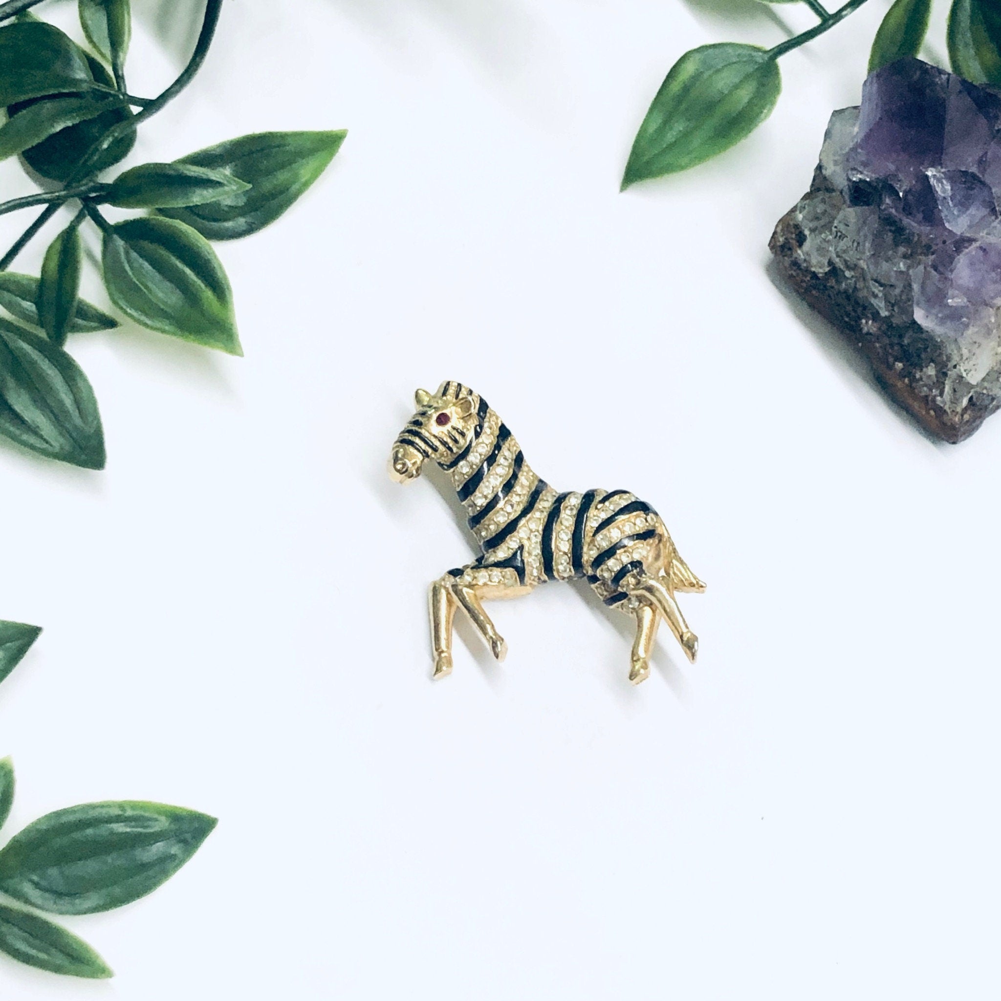Vintage Zebra Brooch, Rhinestone Zebra Pin, Gold Toned Brooch, Vintage Animal Pin, Animal Jewelry
