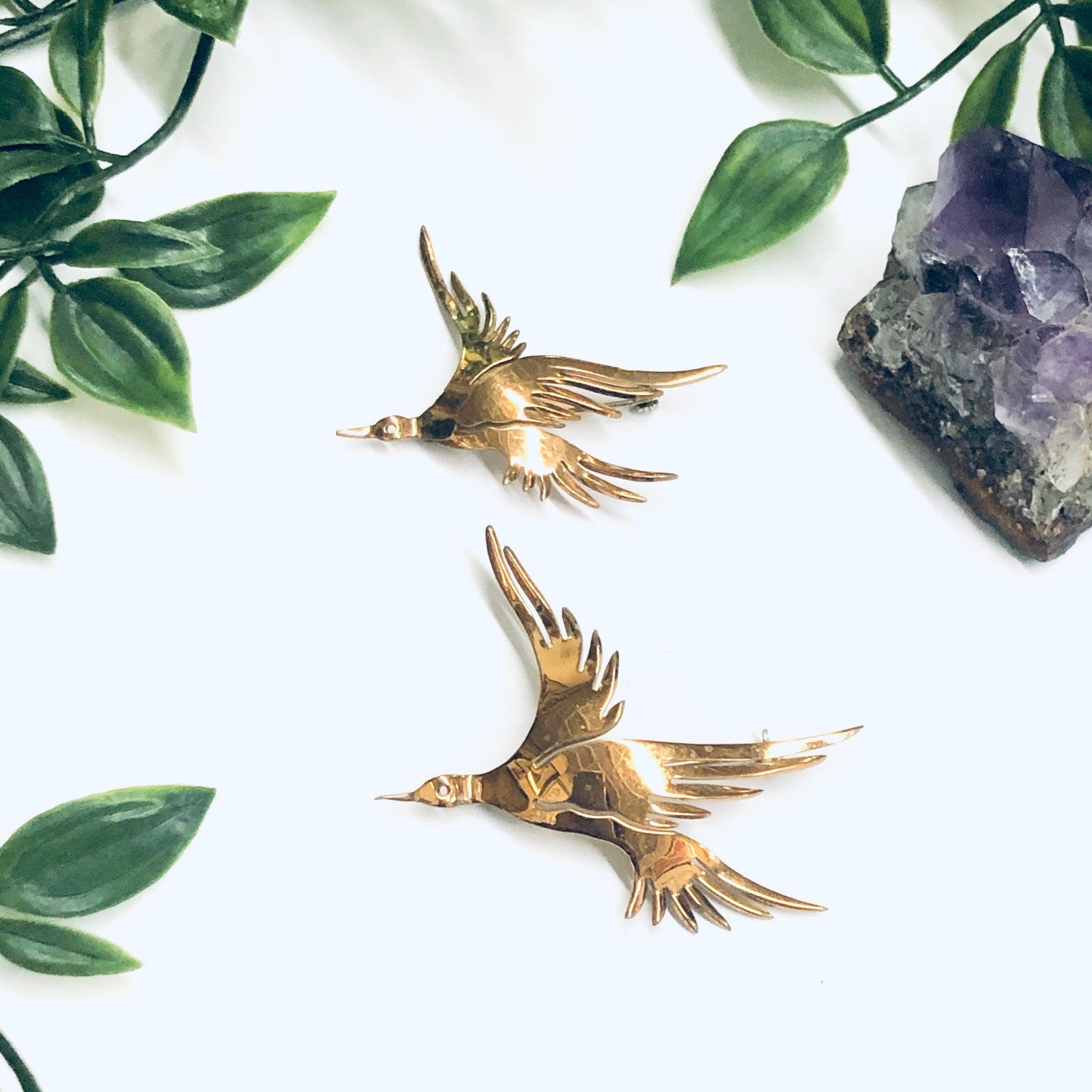 Pair of Vintage Bird Brooches, Two Bird Brooches, Gold Toned Pins, Flying Bird Pin, Gold Bird Pins, Animal Jewelry