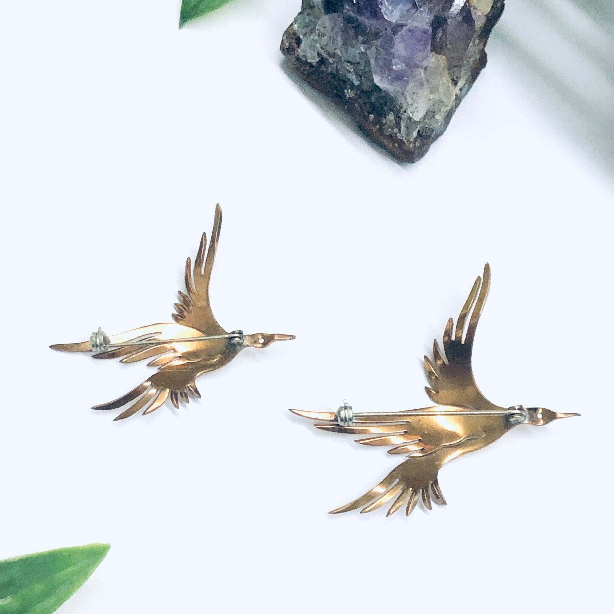 Pair of Vintage Bird Brooches, Two Bird Brooches, Gold Toned Pins, Flying Bird Pin, Gold Bird Pins, Animal Jewelry