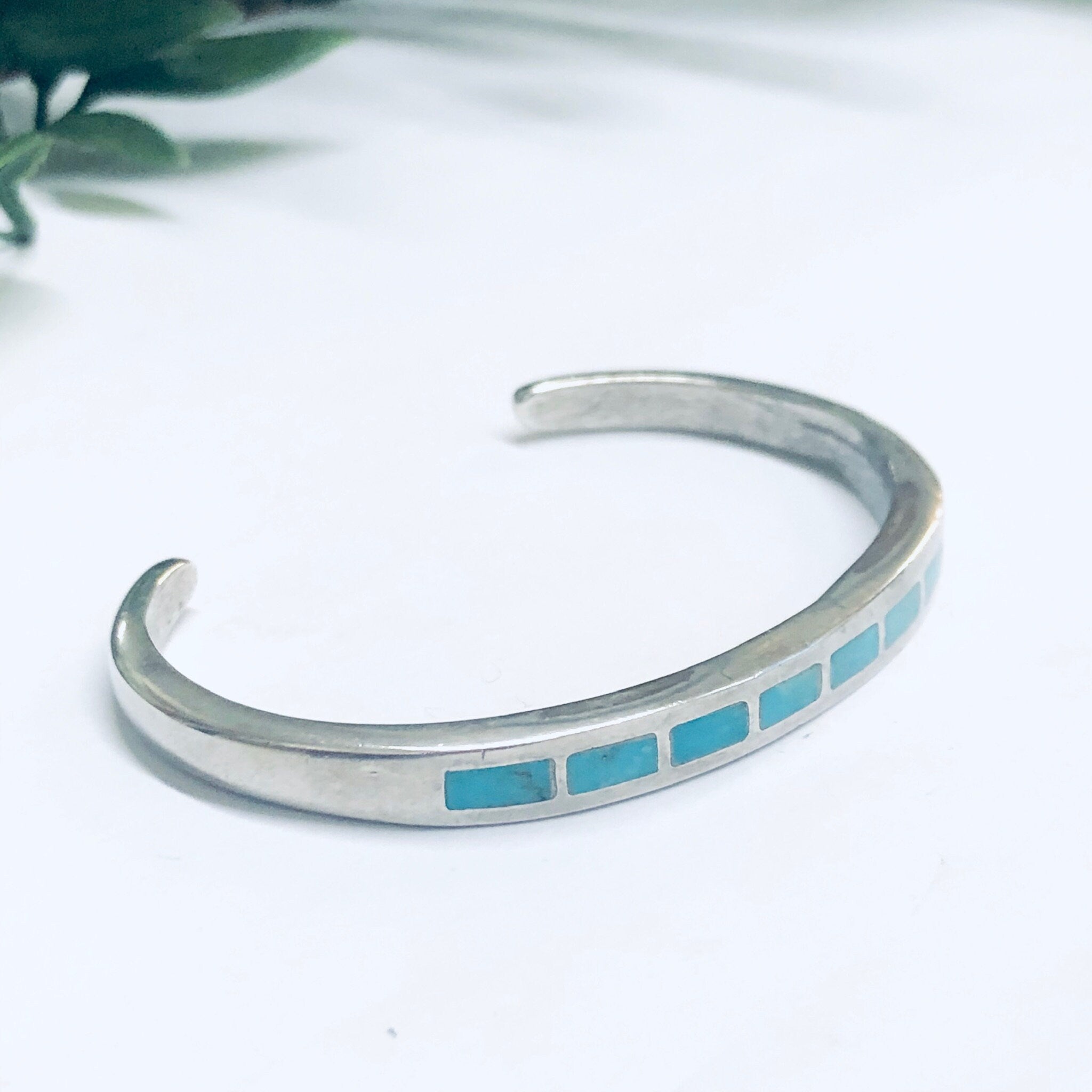 Silver and Turquoise Cuff Bracelet, Small Cuff Bracelet, Silver and blue Jewelry, Vintage Jewelry, Inlaid Turquoise Cuff
