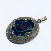 Large Vintage Gold Toned Pendant, Red Stone Pendant, Oval Shaped Pendant, Dark Red Gemstone, Vintage Necklace Pendant