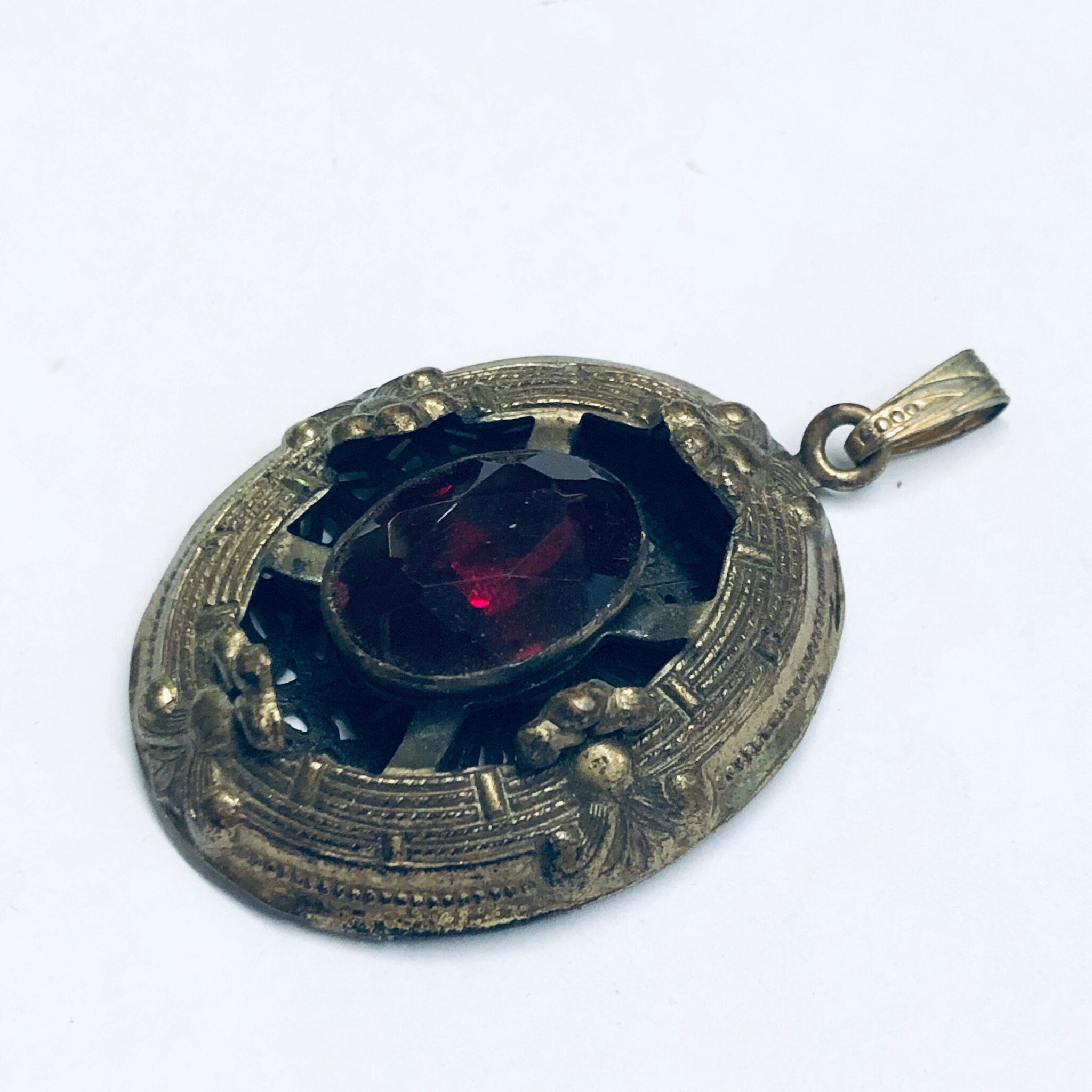 Large Vintage Gold Toned Pendant, Red Stone Pendant, Oval Shaped Pendant, Dark Red Gemstone, Vintage Necklace Pendant