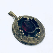 Large Vintage Gold Toned Pendant, Red Stone Pendant, Oval Shaped Pendant, Dark Red Gemstone, Vintage Necklace Pendant