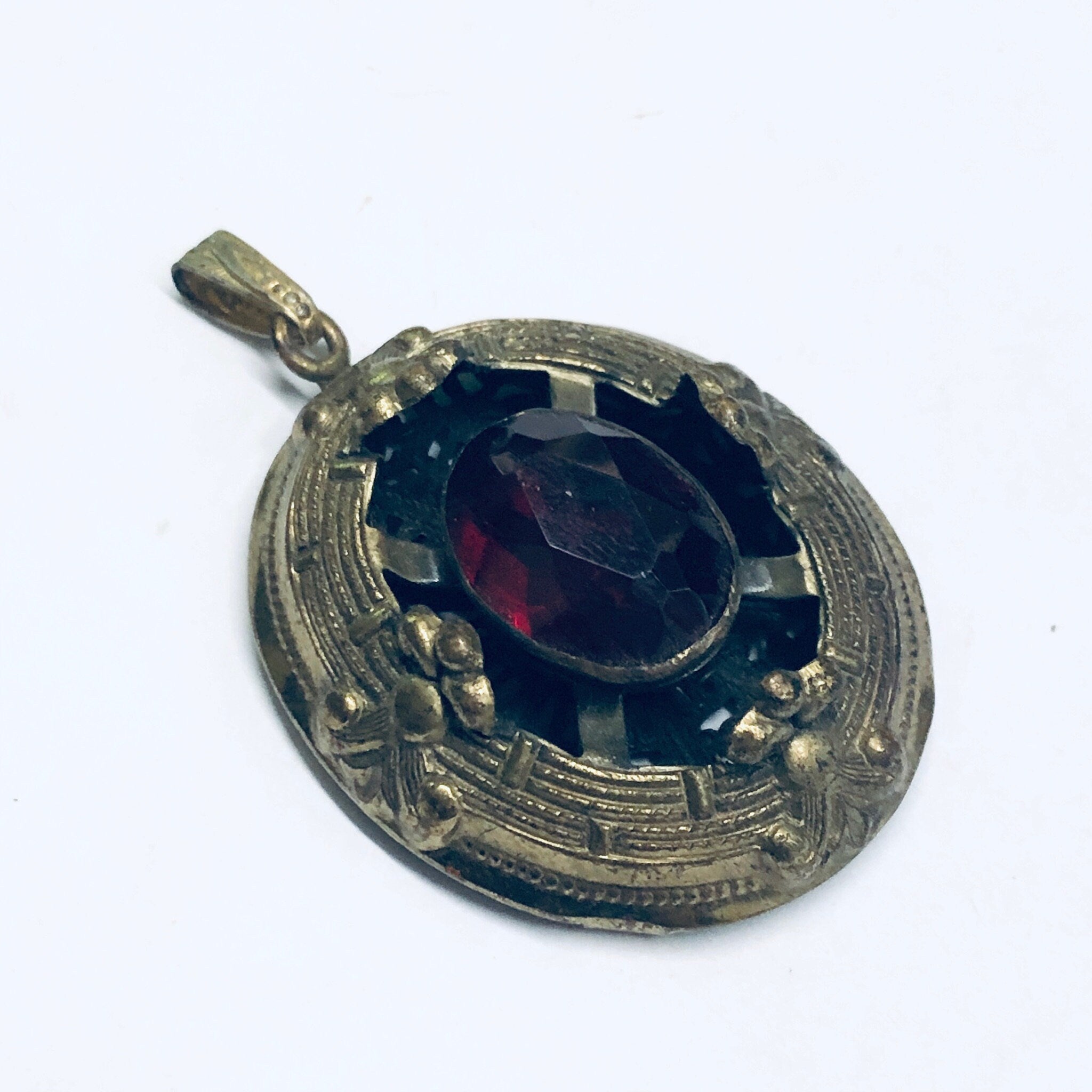 Large Vintage Gold Toned Pendant, Red Stone Pendant, Oval Shaped Pendant, Dark Red Gemstone, Vintage Necklace Pendant