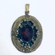 Large Vintage Gold Toned Pendant, Red Stone Pendant, Oval Shaped Pendant, Dark Red Gemstone, Vintage Necklace Pendant