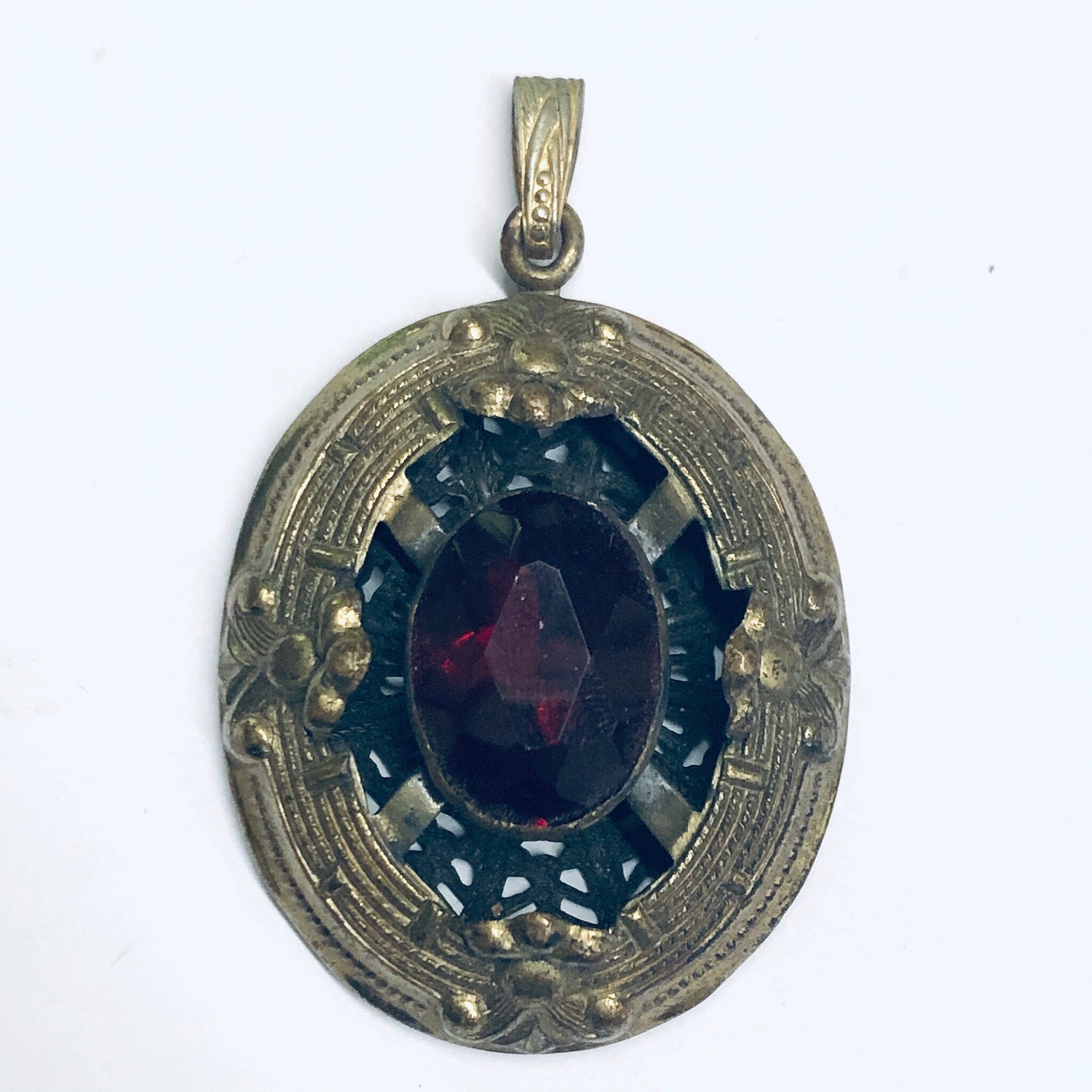Large Vintage Gold Toned Pendant, Red Stone Pendant, Oval Shaped Pendant, Dark Red Gemstone, Vintage Necklace Pendant
