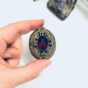 Large Vintage Gold Toned Pendant, Red Stone Pendant, Oval Shaped Pendant, Dark Red Gemstone, Vintage Necklace Pendant