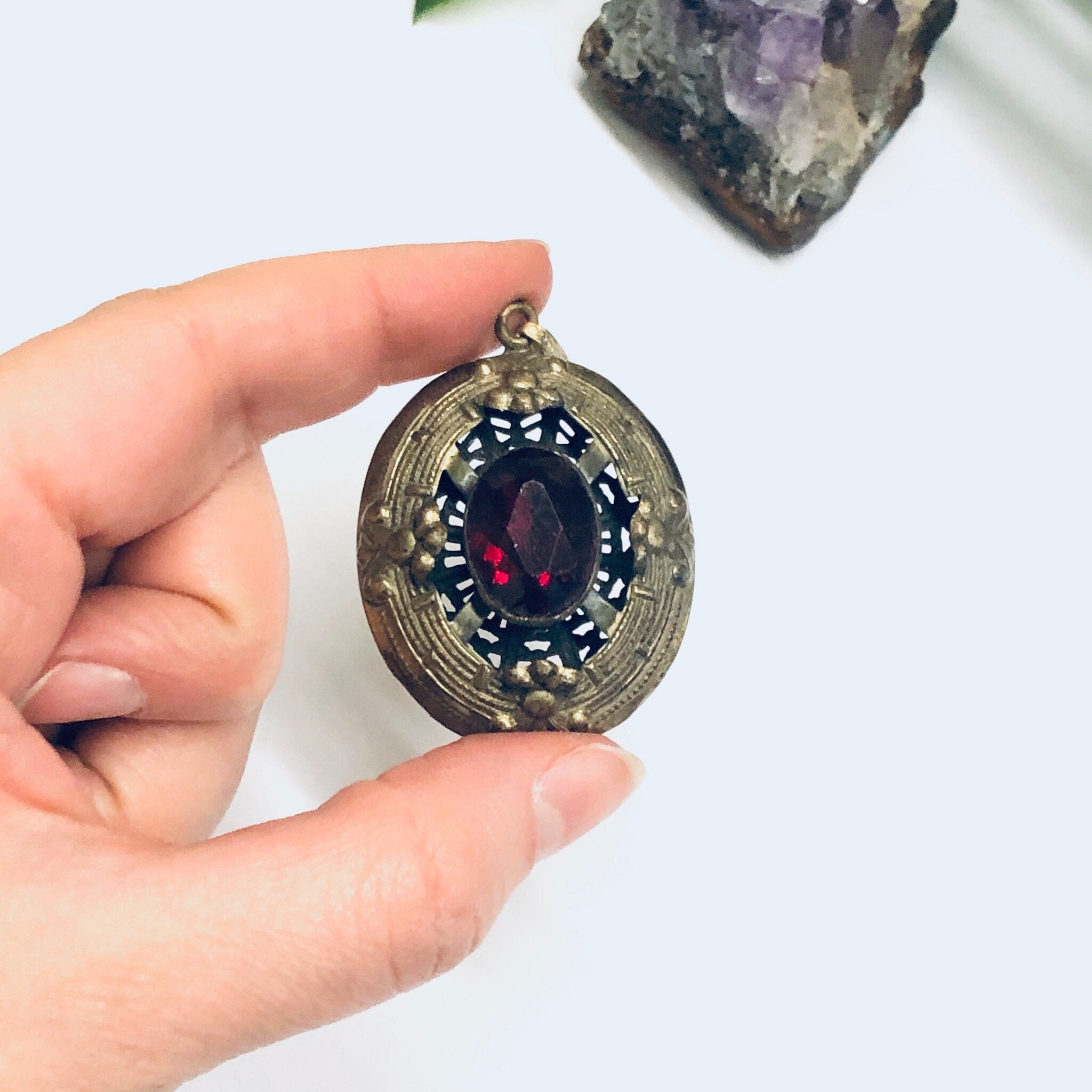 Large Vintage Gold Toned Pendant, Red Stone Pendant, Oval Shaped Pendant, Dark Red Gemstone, Vintage Necklace Pendant