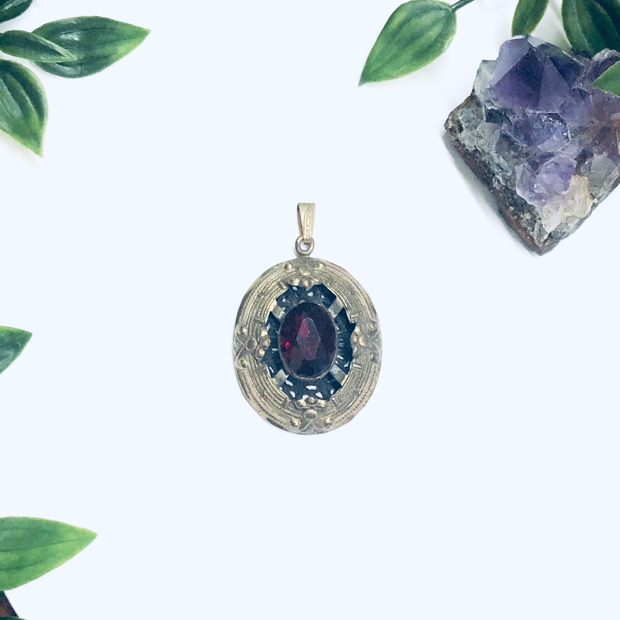 Large Vintage Gold Toned Pendant, Red Stone Pendant, Oval Shaped Pendant, Dark Red Gemstone, Vintage Necklace Pendant