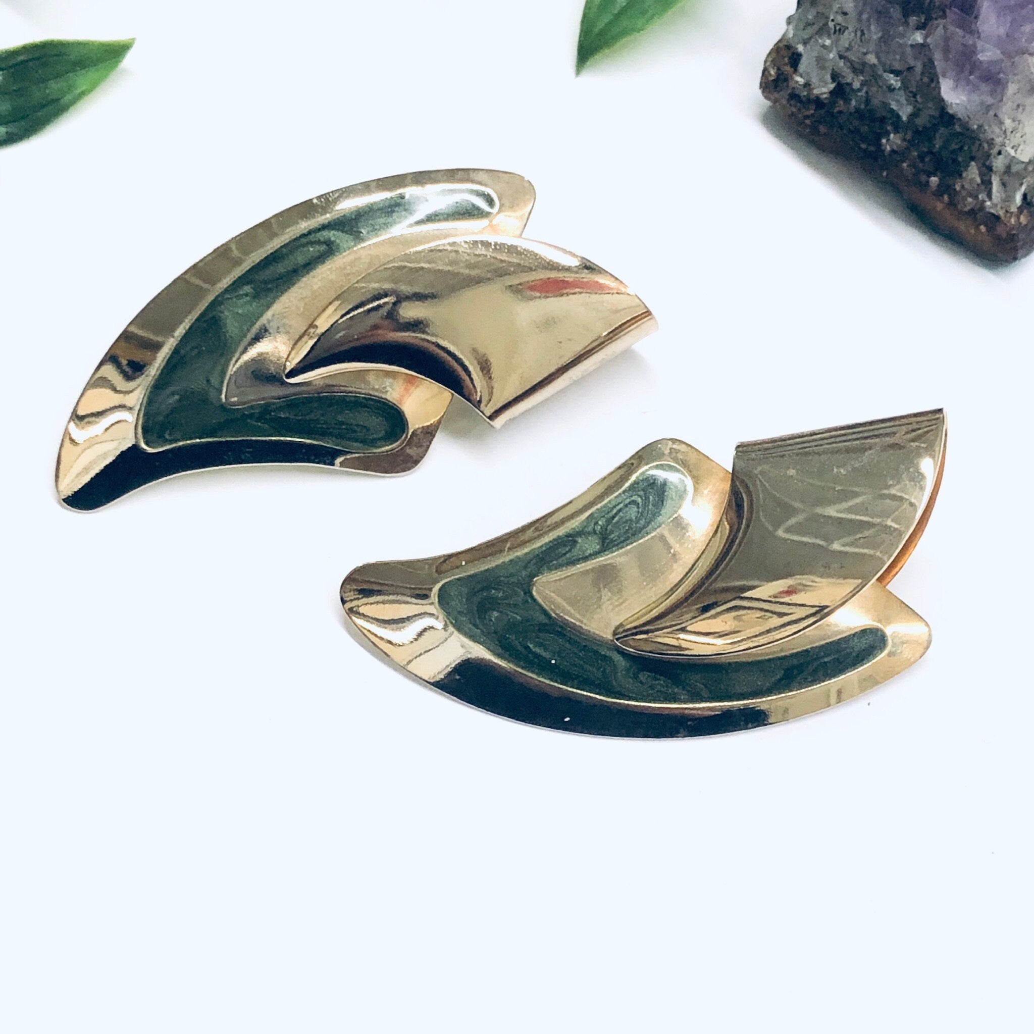 Large Vintage Gold Toned Earrings with Green Accent, Statement Earrings for Pierced Ears, Vintage Retro Earrings, Gold Toned Earrings