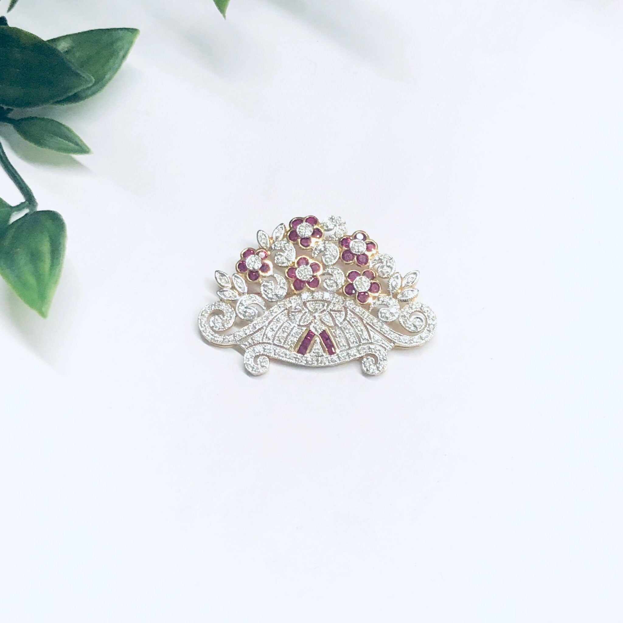 Vintage 18K Gold Brooch, Ruby and Diamond Pin, Ruby Jewelry, Diamond Brooch, 18K Yellow Gold, Yellow Gold Pin, Ruby Flower Pin