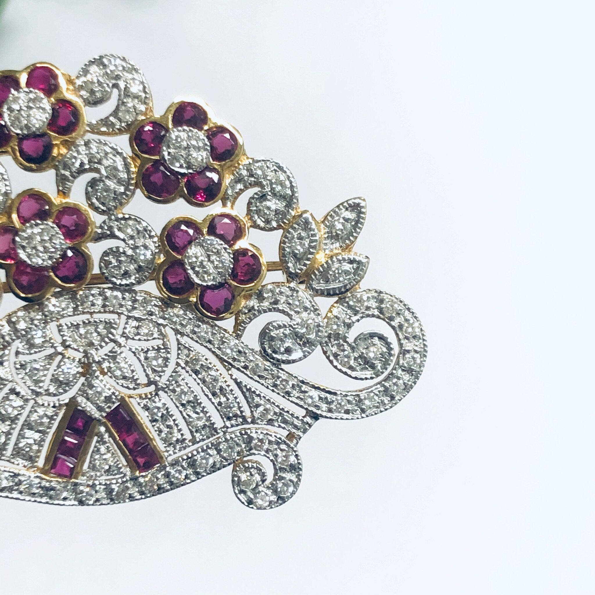Vintage 18K Gold Brooch, Ruby and Diamond Pin, Ruby Jewelry, Diamond Brooch, 18K Yellow Gold, Yellow Gold Pin, Ruby Flower Pin