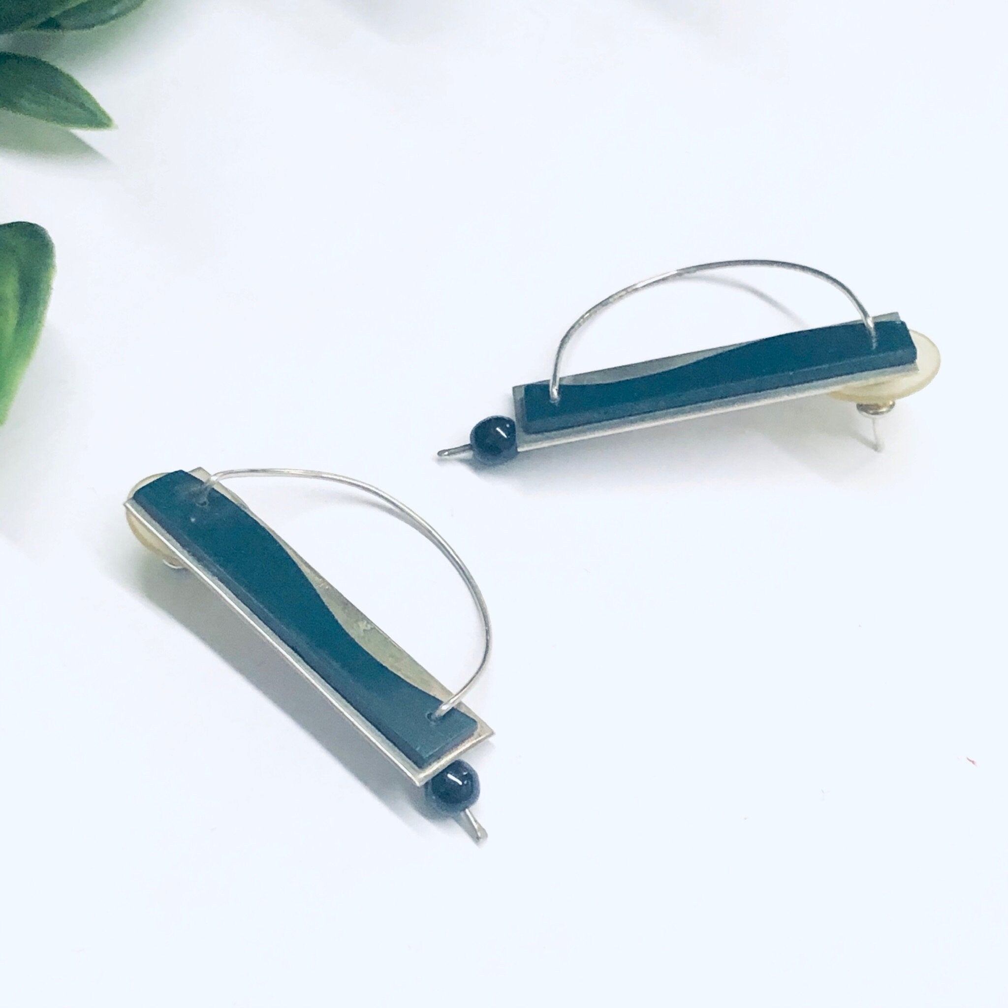 Abstract Silver Earrings, Vintage Earrings, Green and Silver Earrings, Unique Vintage Earrings, Abstract Jewelry