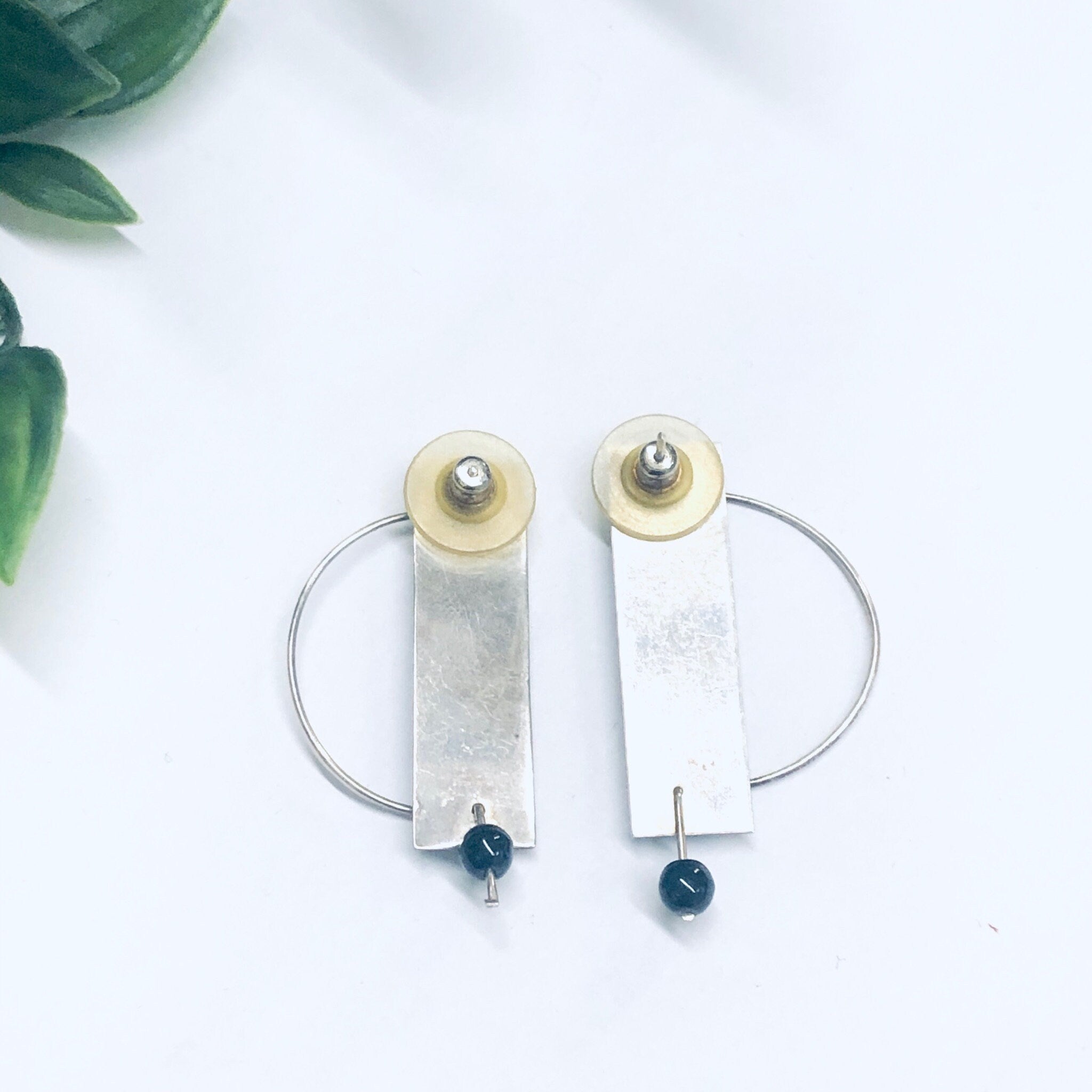 Abstract Silver Earrings, Vintage Earrings, Green and Silver Earrings, Unique Vintage Earrings, Abstract Jewelry