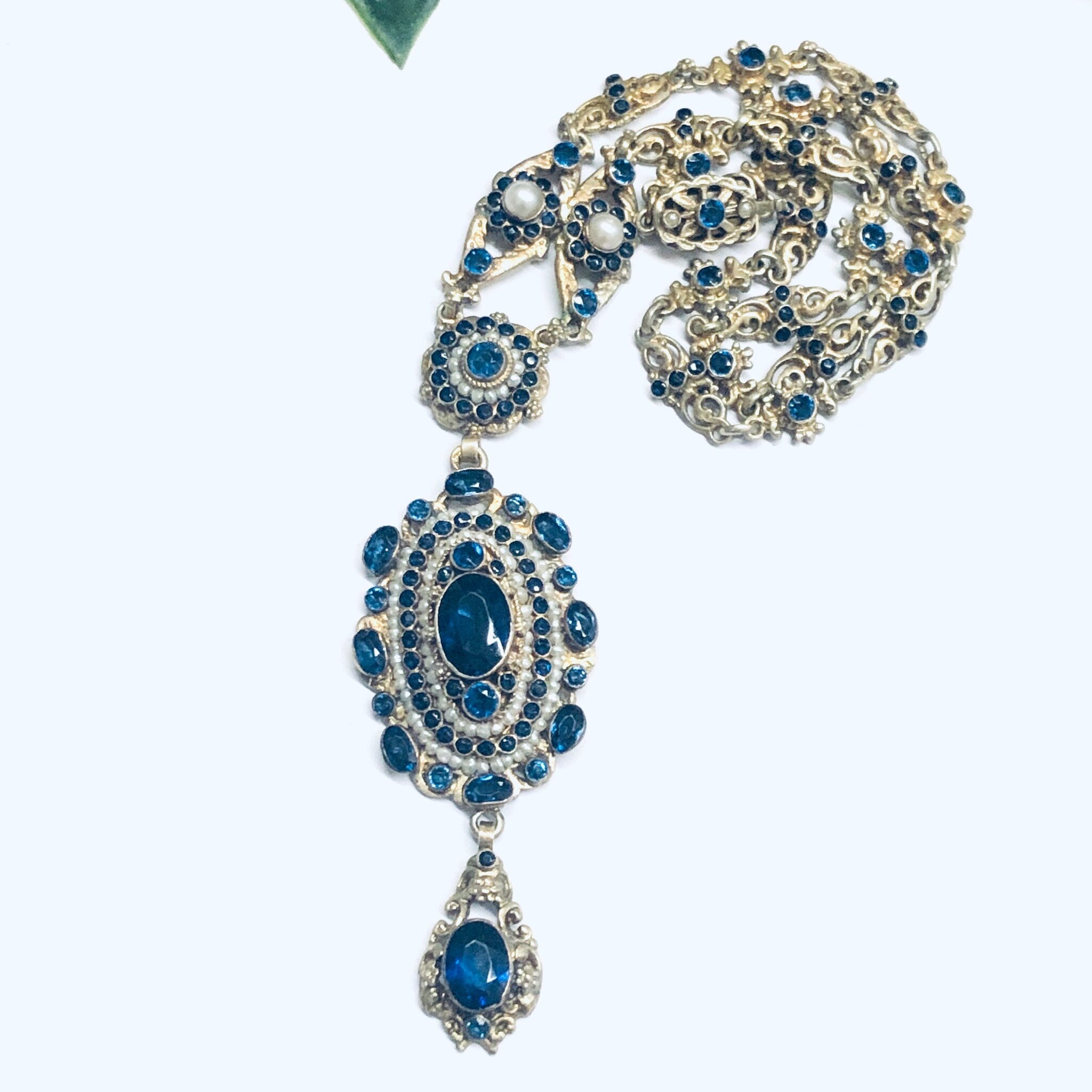 Gold Toned Jewelry Set, Lavaliere Necklace, Costume Jewelry Set, Dark Blue Gemstone Necklace, Vintage Jewelry Set, Gold and Blue Earrings