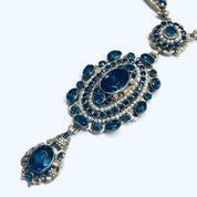 Gold Toned Jewelry Set, Lavaliere Necklace, Costume Jewelry Set, Dark Blue Gemstone Necklace, Vintage Jewelry Set, Gold and Blue Earrings