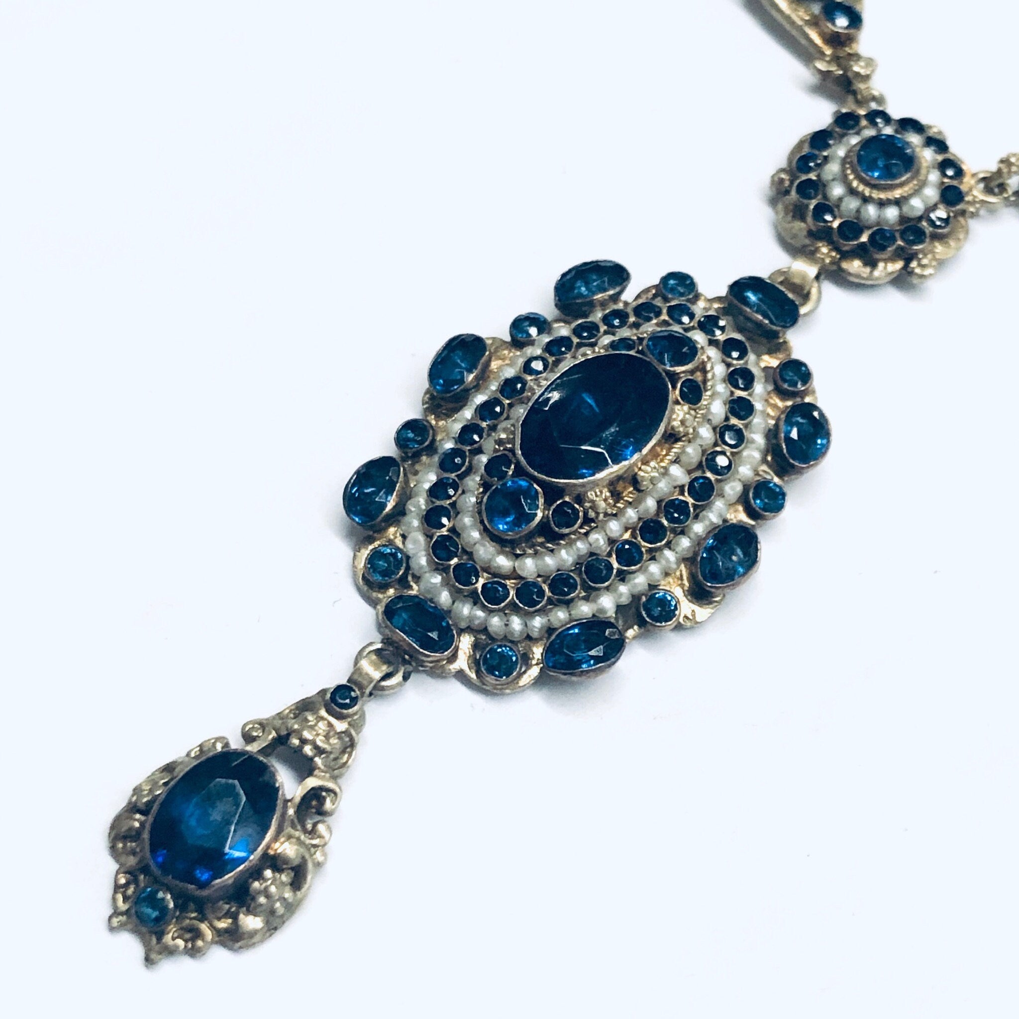Gold Toned Jewelry Set, Lavaliere Necklace, Costume Jewelry Set, Dark Blue Gemstone Necklace, Vintage Jewelry Set, Gold and Blue Earrings