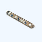 Vintage 14K Gold Pearl Seed Gemstone Bar Pin, Yellow Gold Lattice Design, Faceted Blue Gemstones, Cute Jacket Pin, 1 3/4" L
