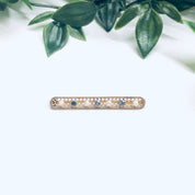 Vintage 14K Gold Pearl Seed Gemstone Bar Pin, Yellow Gold Lattice Design, Faceted Blue Gemstones, Cute Jacket Pin, 1 3/4" L