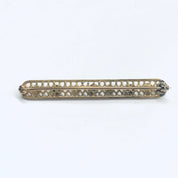 Vintage 14K Gold Pearl Seed Gemstone Bar Pin, Yellow Gold Lattice Design, Faceted Blue Gemstones, Cute Jacket Pin, 1 3/4" L