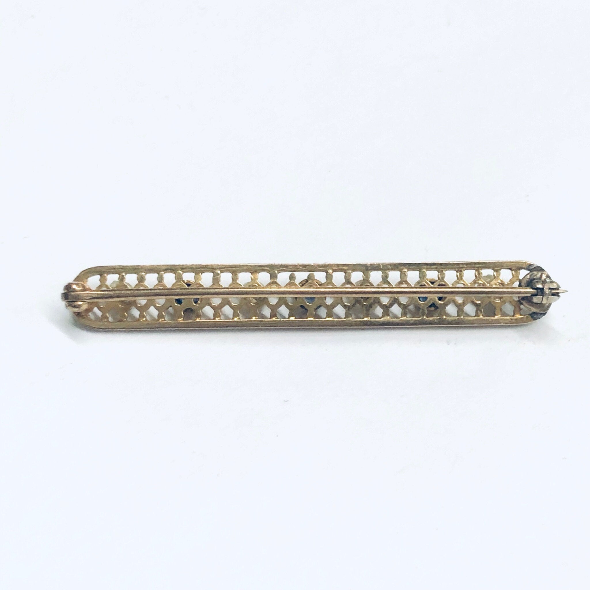 Vintage 14K Gold Pearl Seed Gemstone Bar Pin, Yellow Gold Lattice Design, Faceted Blue Gemstones, Cute Jacket Pin, 1 3/4" L
