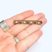 Vintage 14K Gold Pearl Seed Gemstone Bar Pin, Yellow Gold Lattice Design, Faceted Blue Gemstones, Cute Jacket Pin, 1 3/4" L