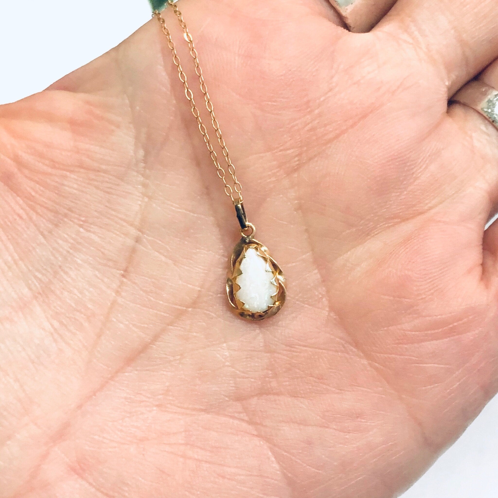 Opal and Gold Necklace, Vintage Opal Pendant, Small Opal Pendant, 14K Gold Chain, Teardrop Opal, 14K Gold Necklace