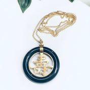 Gold and Onyx Necklace, Black Onyx Asian Pendant Necklace, 14K Gold Pendant, 14K Gold Chain, Vintage Gold Jewelry