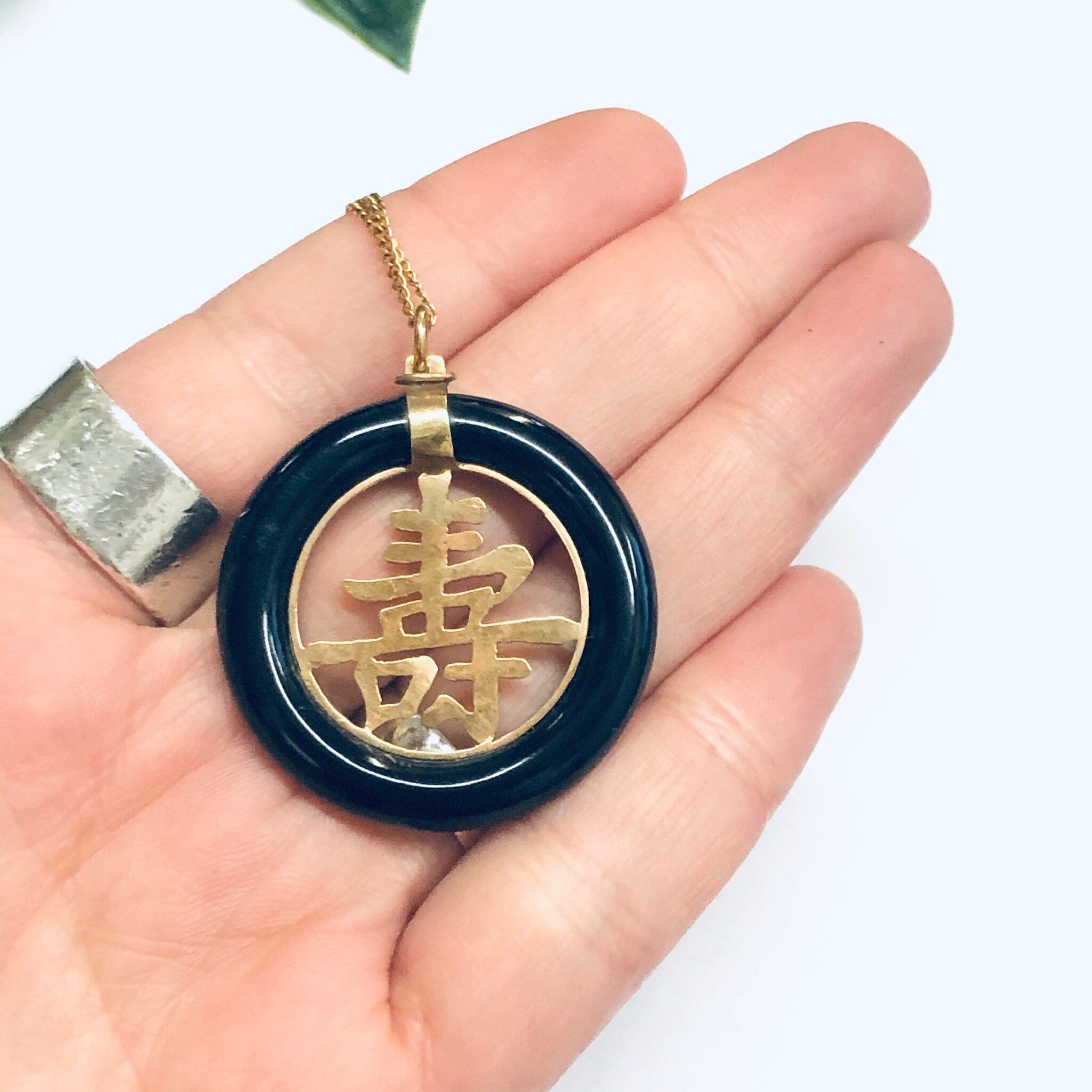 Gold and Onyx Necklace, Black Onyx Asian Pendant Necklace, 14K Gold Pendant, 14K Gold Chain, Vintage Gold Jewelry