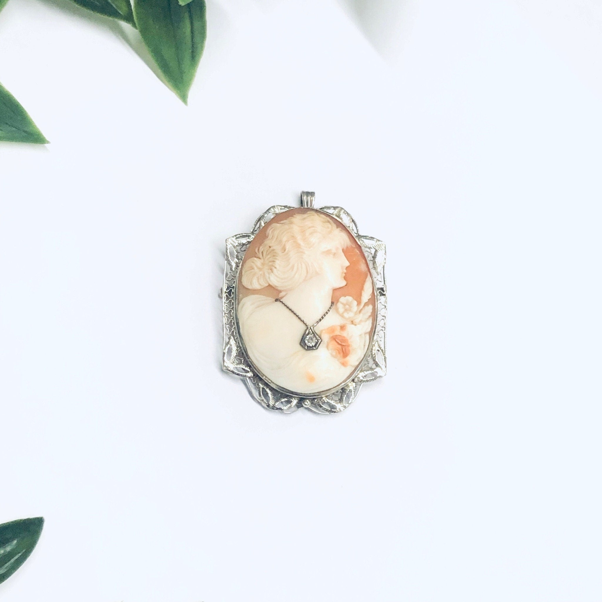Vintage Gold Cameo, White Gold Cameo, Cameo Pendant, Cameo Brooch, 14K White Gold, Diamond Cameo