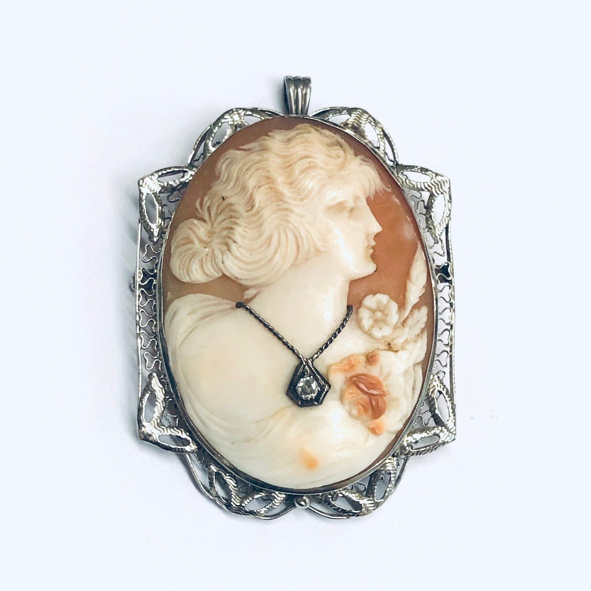 Vintage Gold Cameo, White Gold Cameo, Cameo Pendant, Cameo Brooch, 14K White Gold, Diamond Cameo