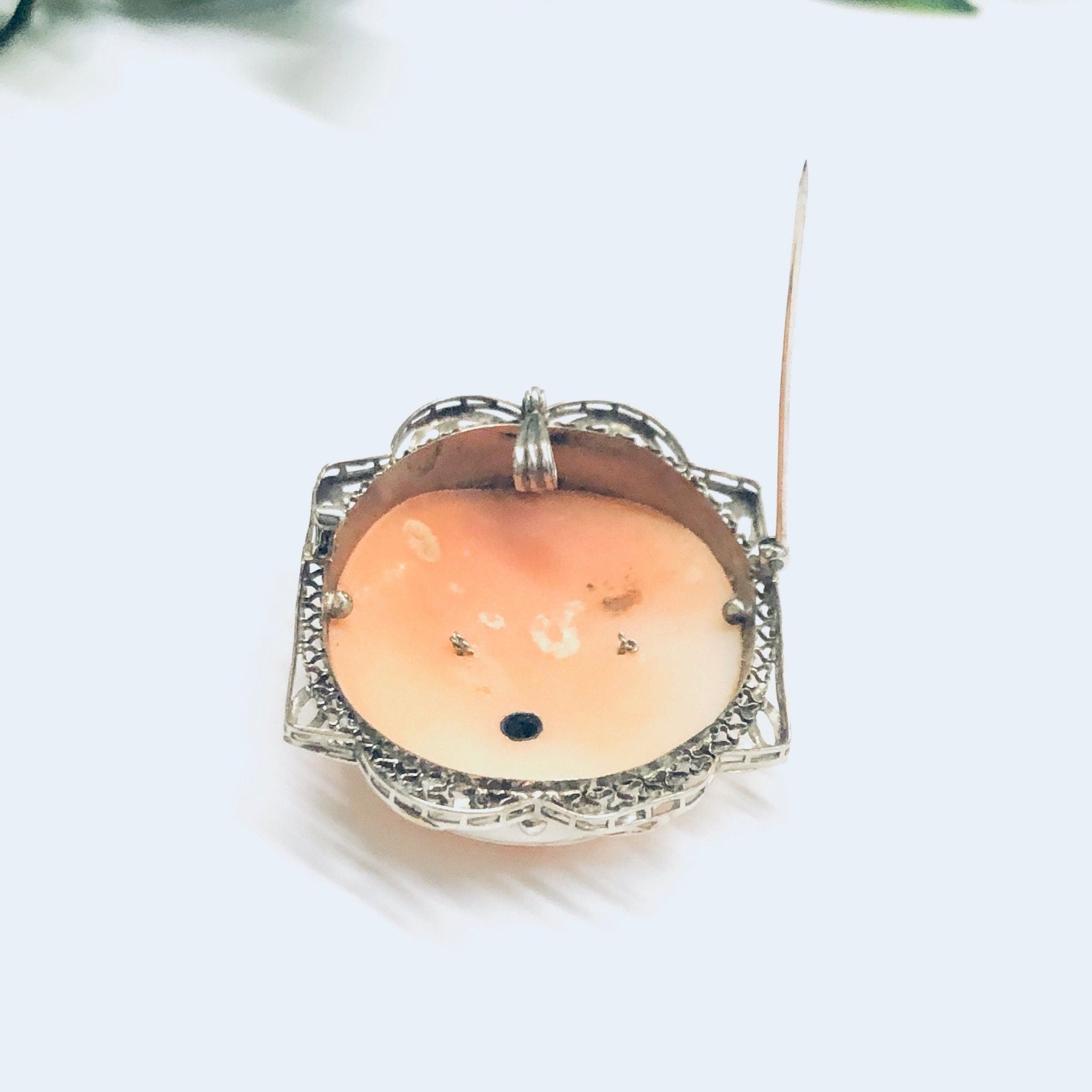 Vintage Gold Cameo, White Gold Cameo, Cameo Pendant, Cameo Brooch, 14K White Gold, Diamond Cameo