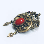 Vintage Crown Brooch, Gold Toned Pin, Crown Pin with Red Stones, Vintage Costume Jewelry, Faux Pearl Pin