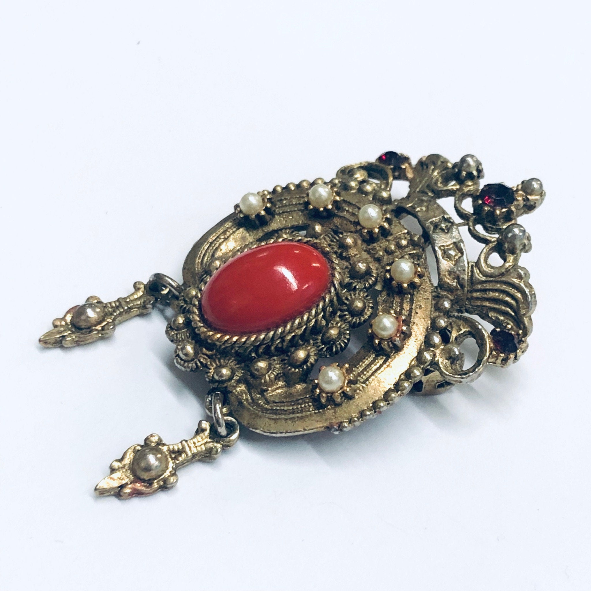 Vintage Crown Brooch, Gold Toned Pin, Crown Pin with Red Stones, Vintage Costume Jewelry, Faux Pearl Pin