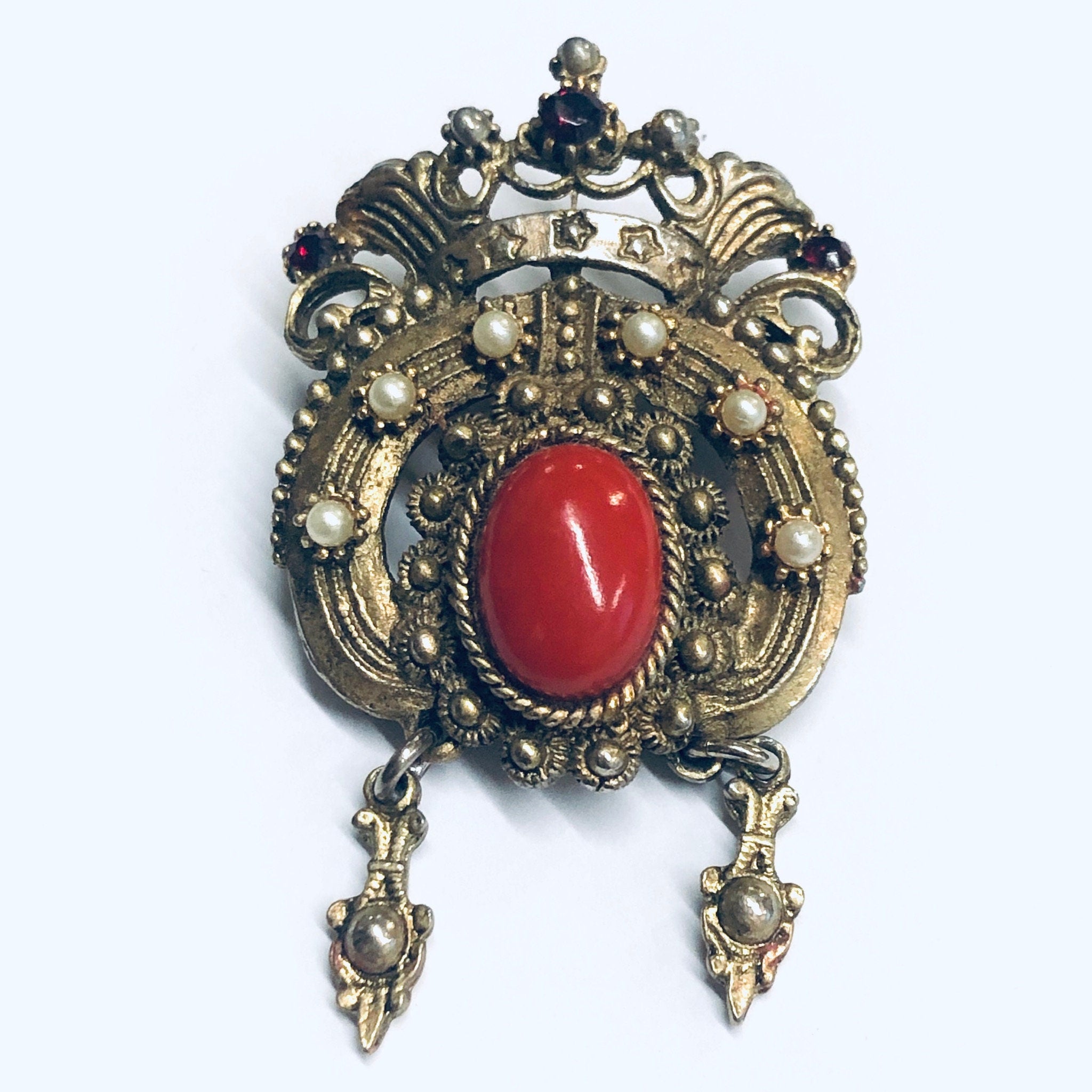 Vintage Crown Brooch, Gold Toned Pin, Crown Pin with Red Stones, Vintage Costume Jewelry, Faux Pearl Pin