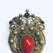 Vintage Crown Brooch, Gold Toned Pin, Crown Pin with Red Stones, Vintage Costume Jewelry, Faux Pearl Pin