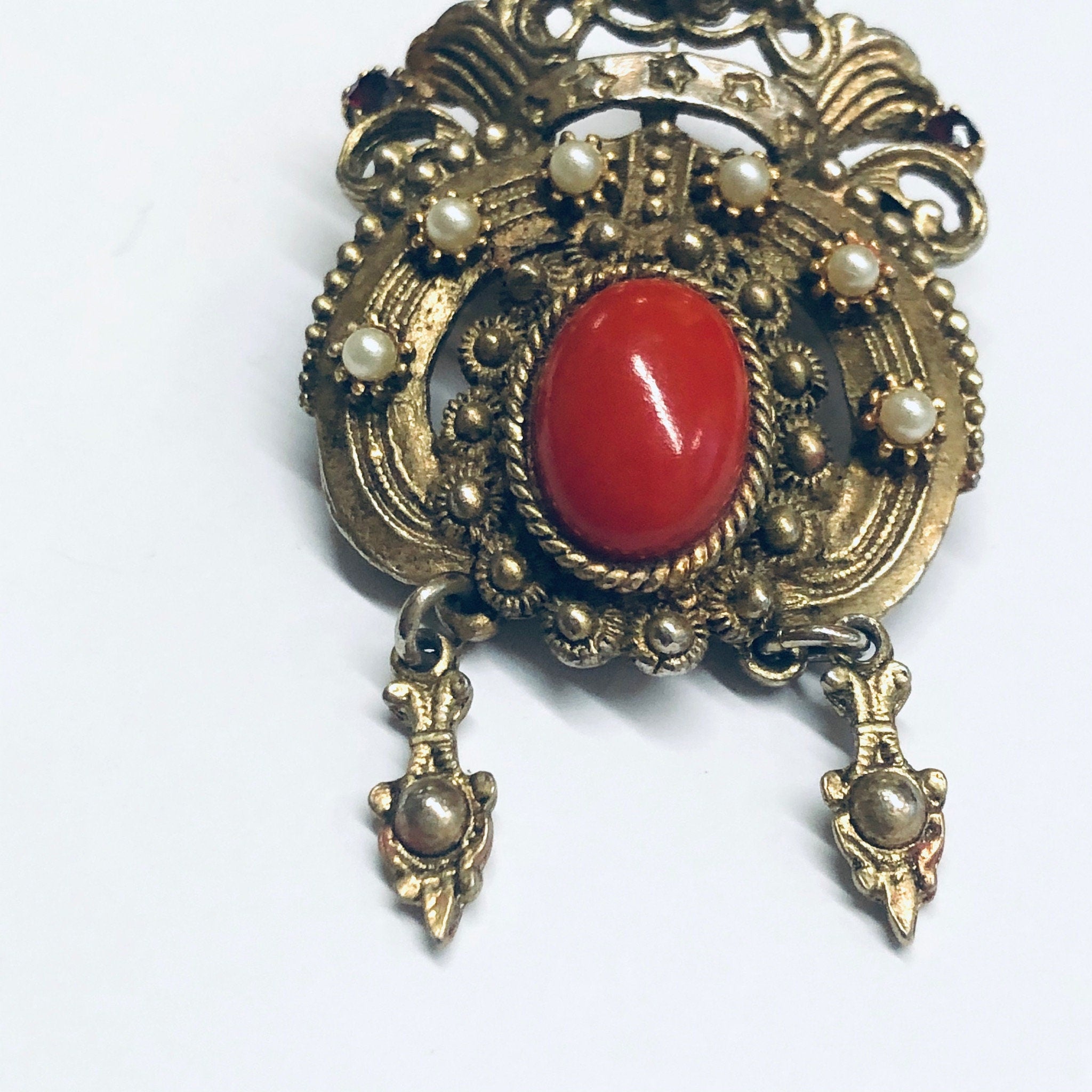 Vintage Crown Brooch, Gold Toned Pin, Crown Pin with Red Stones, Vintage Costume Jewelry, Faux Pearl Pin