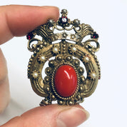 Vintage Crown Brooch, Gold Toned Pin, Crown Pin with Red Stones, Vintage Costume Jewelry, Faux Pearl Pin