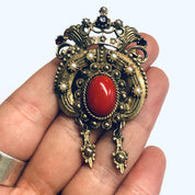 Vintage Crown Brooch, Gold Toned Pin, Crown Pin with Red Stones, Vintage Costume Jewelry, Faux Pearl Pin