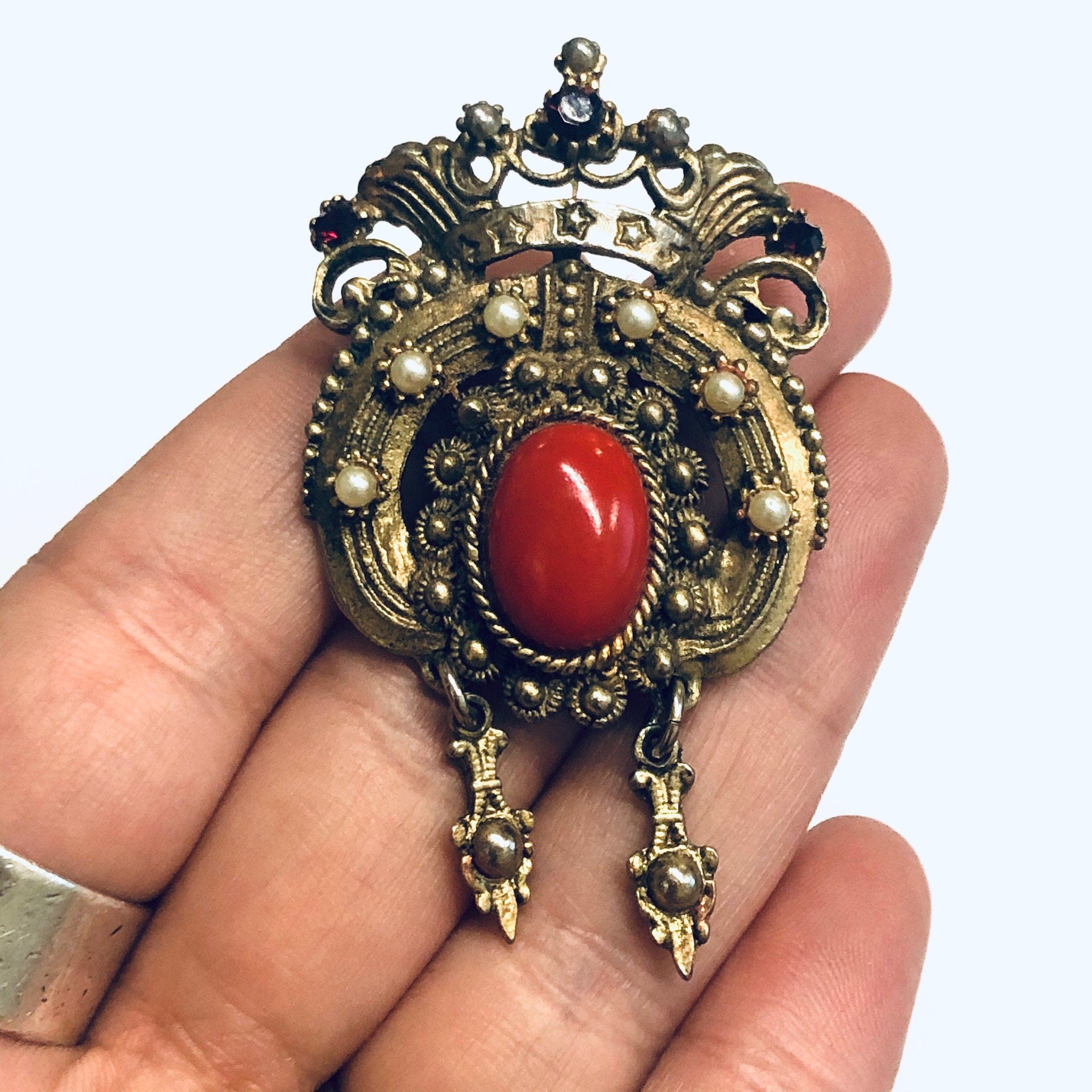 Vintage Crown Brooch, Gold Toned Pin, Crown Pin with Red Stones, Vintage Costume Jewelry, Faux Pearl Pin