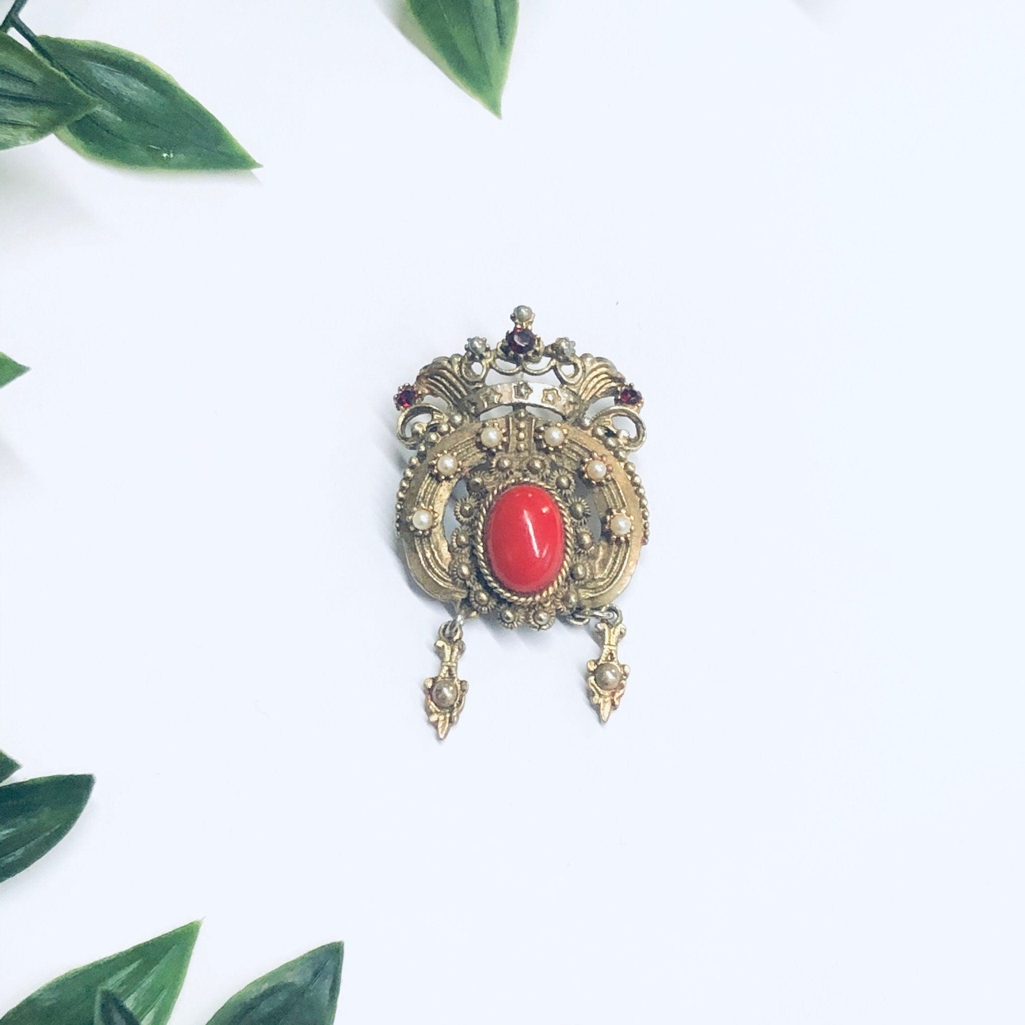 Vintage Crown Brooch, Gold Toned Pin, Crown Pin with Red Stones, Vintage Costume Jewelry, Faux Pearl Pin