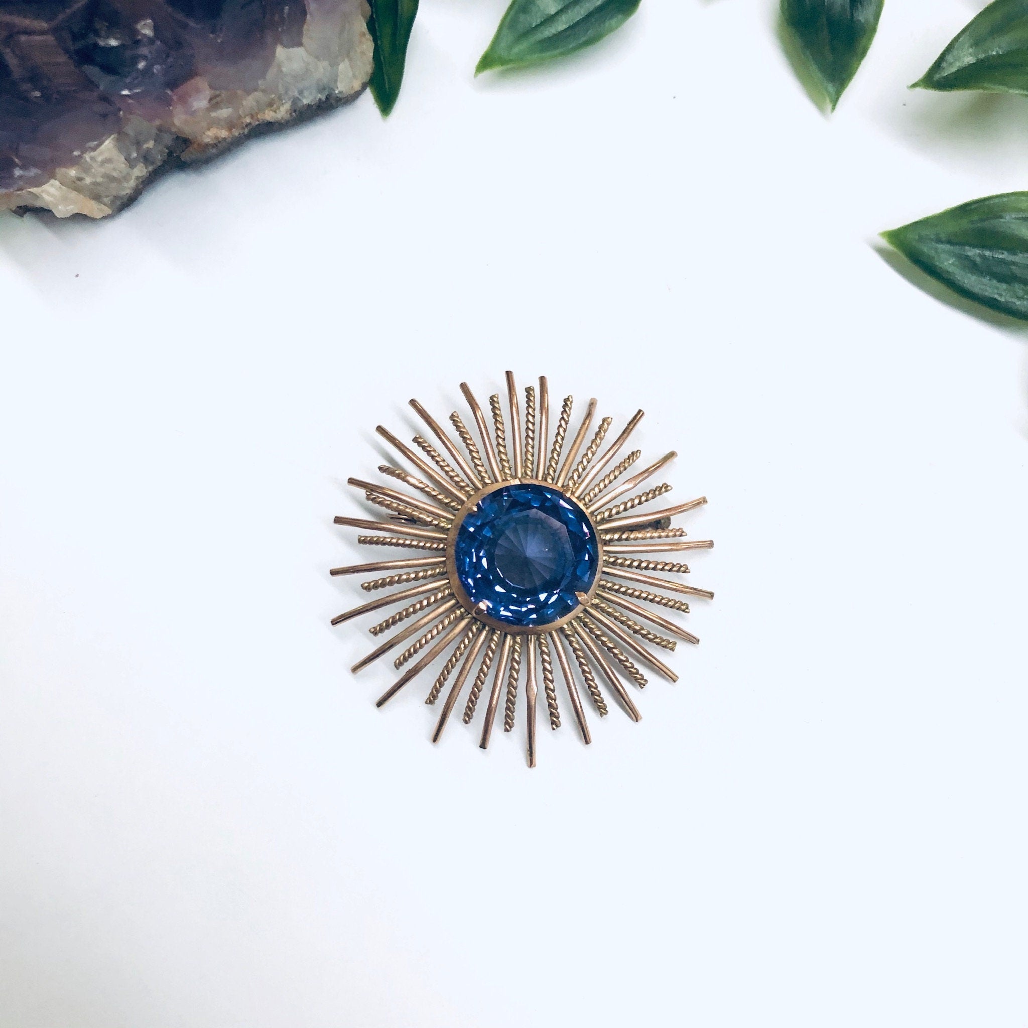 Vintage Sunburst Brooch, Rose Gold Brooch, Alexandrite Jewelry, Round Vintage Pin, Purple and Blue Gemstone