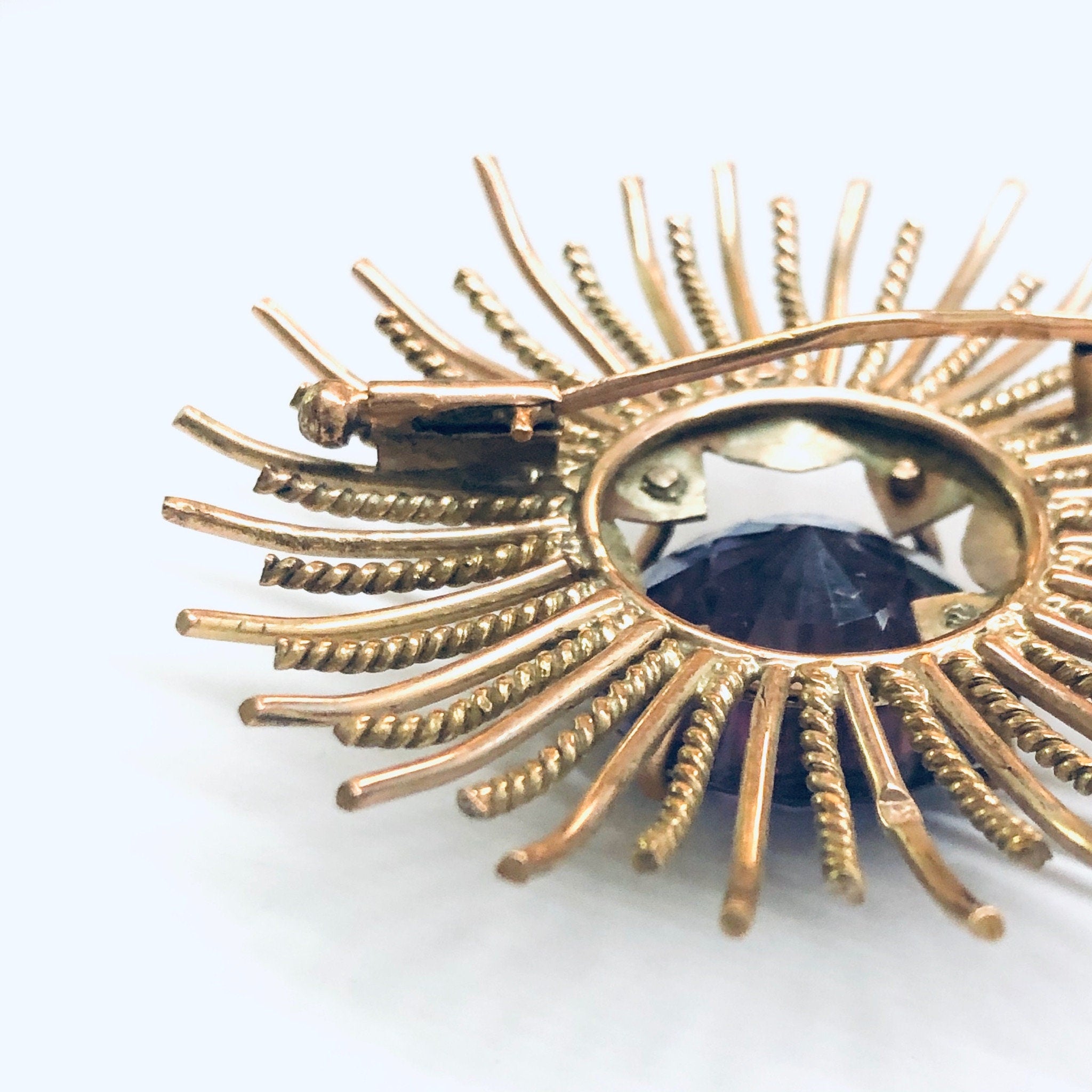 Vintage Sunburst Brooch, Rose Gold Brooch, Alexandrite Jewelry, Round Vintage Pin, Purple and Blue Gemstone